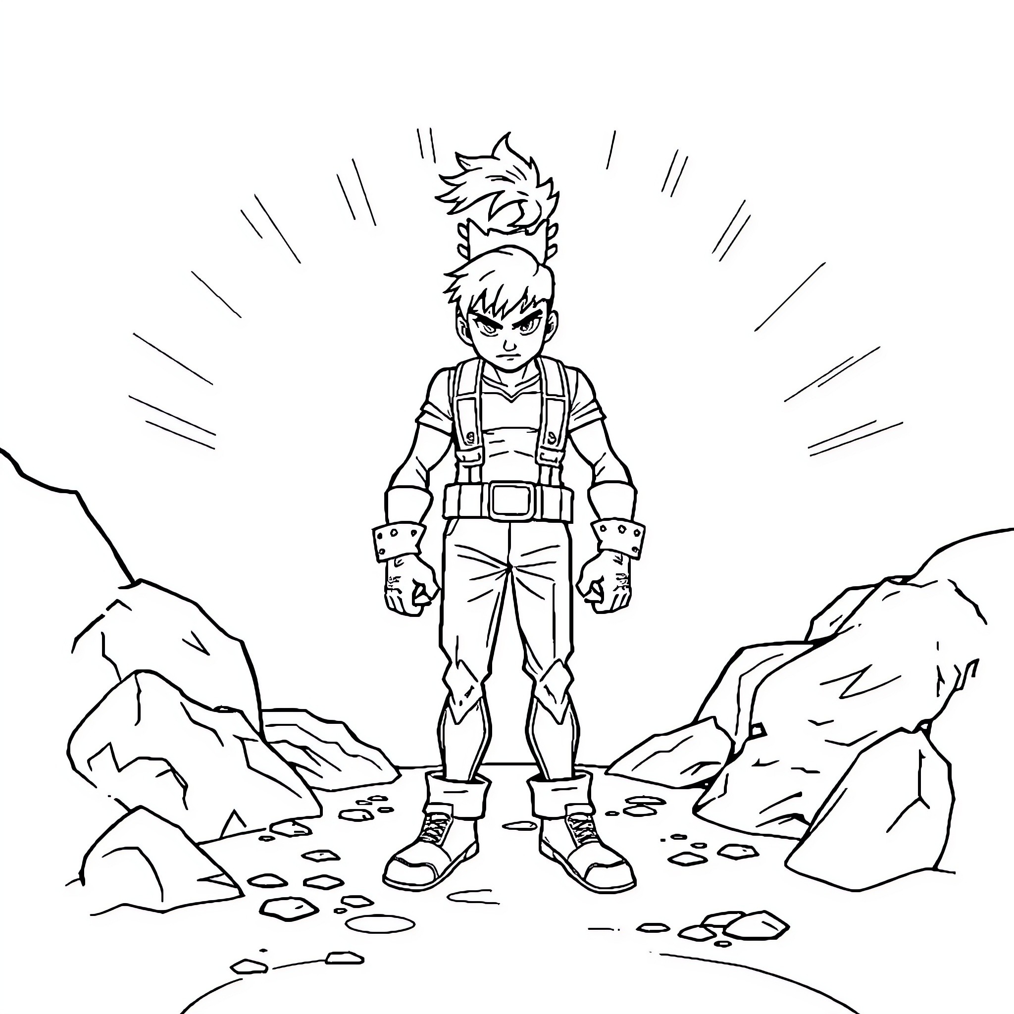 Main Character Standing Triumphantly in a Rocky Landscape Coloring Page (free black-and-white line drawing printable PDF for all, from beginners to advanced learners, including children, teens, adults, and seniors)