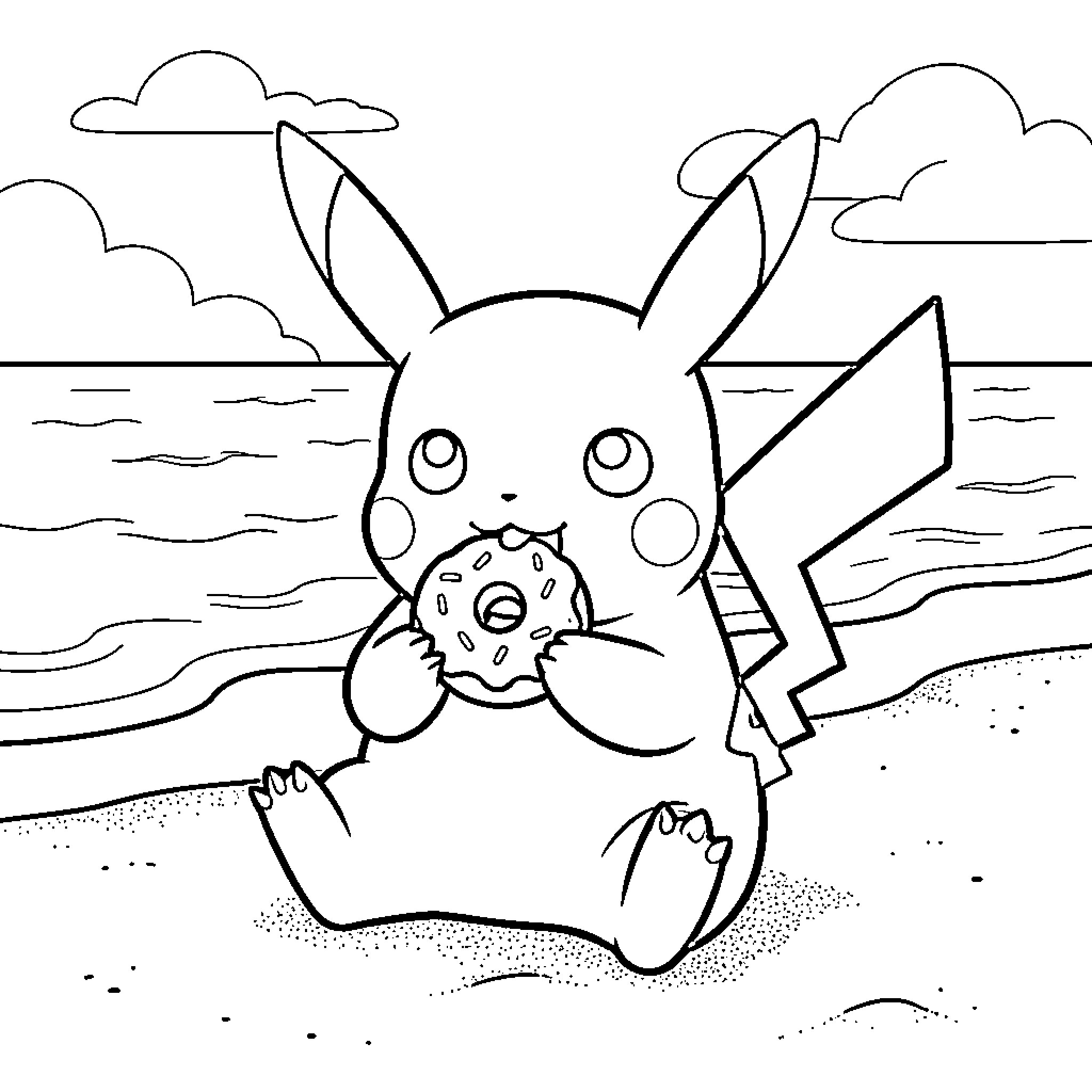 Pikachu eating a donut on the beach Coloring Page (free black-and-white line drawing printable PDF for all, from beginners to advanced learners, including children, teens, adults, and seniors)