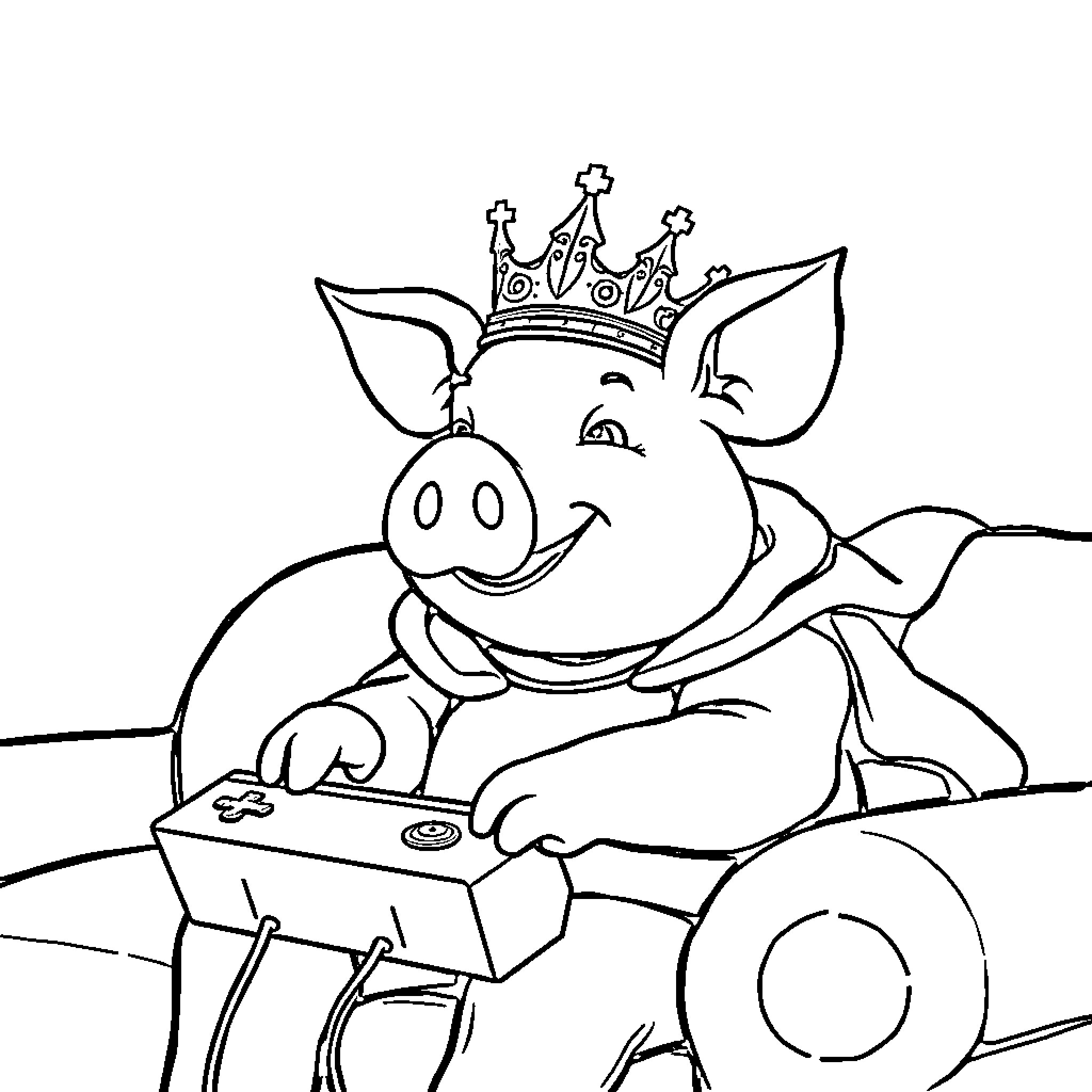 Pig wearing a crown playing a video game Coloring Page (free black-and-white line drawing printable PDF for all, from beginners to advanced learners, including children, teens, adults, and seniors)