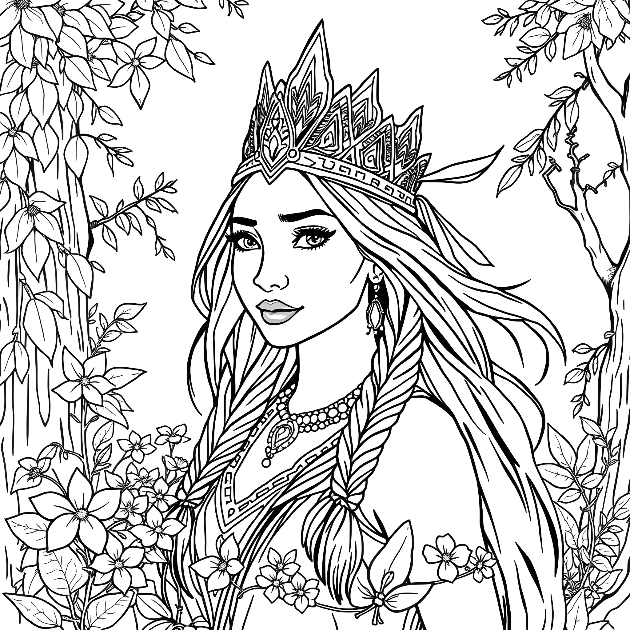 Pocahontas surrounded by nature's beauty Coloring Page (free black-and-white line drawing printable PDF for all, from beginners to advanced learners, including children, teens, adults, and seniors)