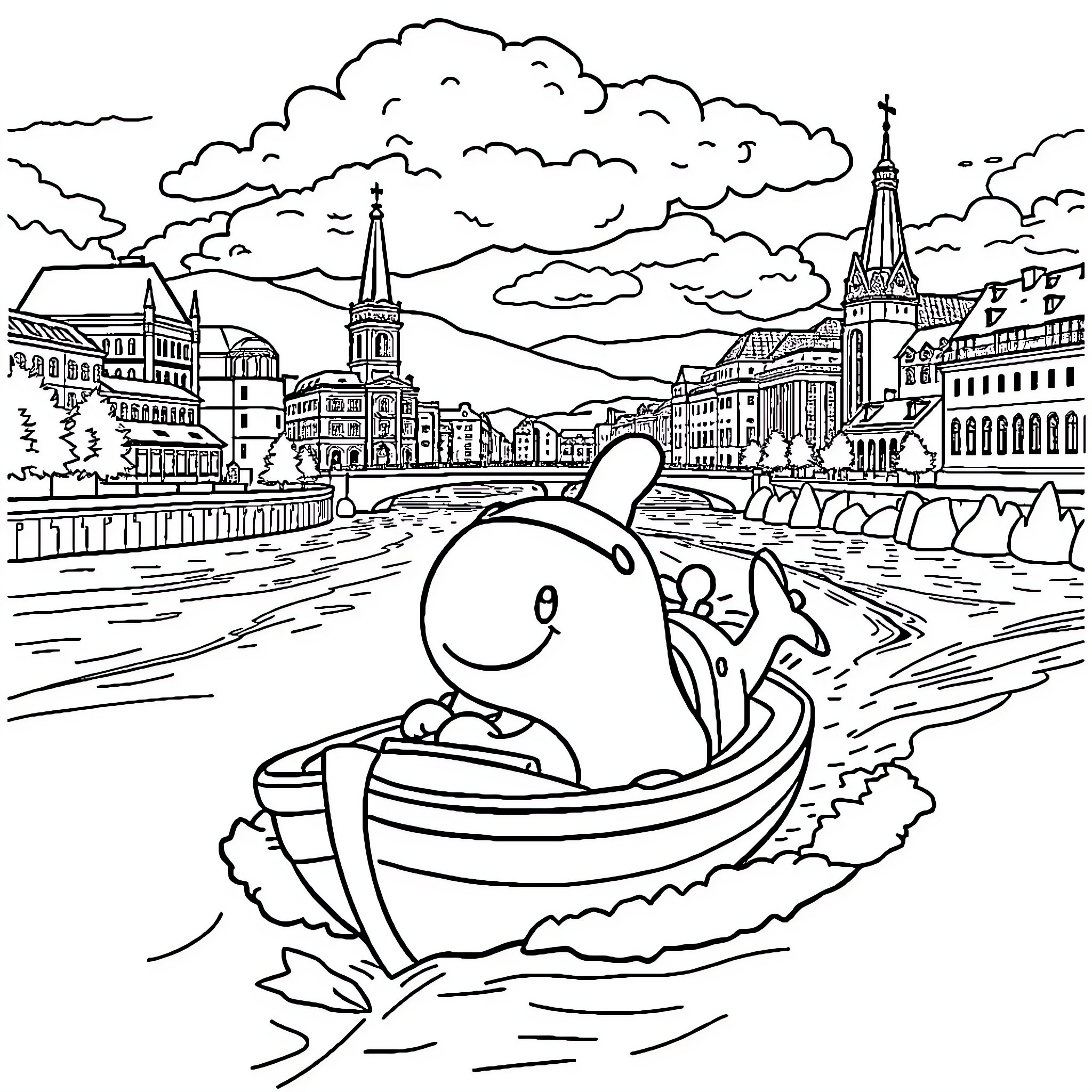 Pat Patrol Fun Boat Ride through Historic City Coloring Page (free black-and-white line drawing printable PDF for all, from beginners to advanced learners, including children, teens, adults, and seniors)