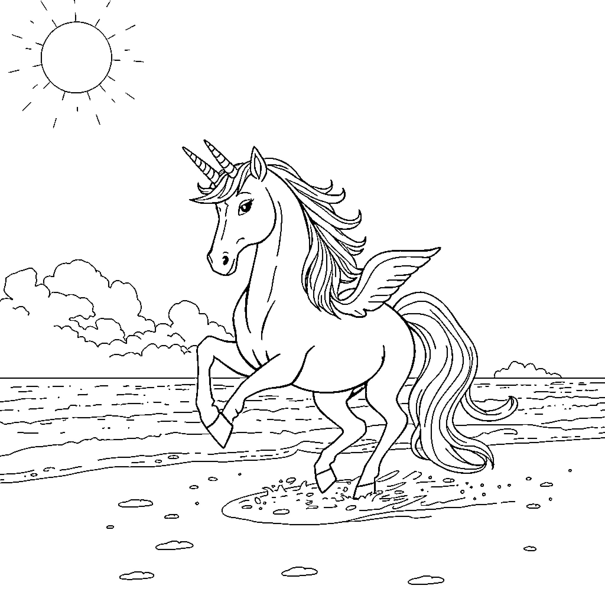Unicorn galloping gracefully in the sun-filled meadow Coloring Page (free black-and-white line drawing printable PDF for all, from beginners to advanced learners, including children, teens, adults, and seniors)