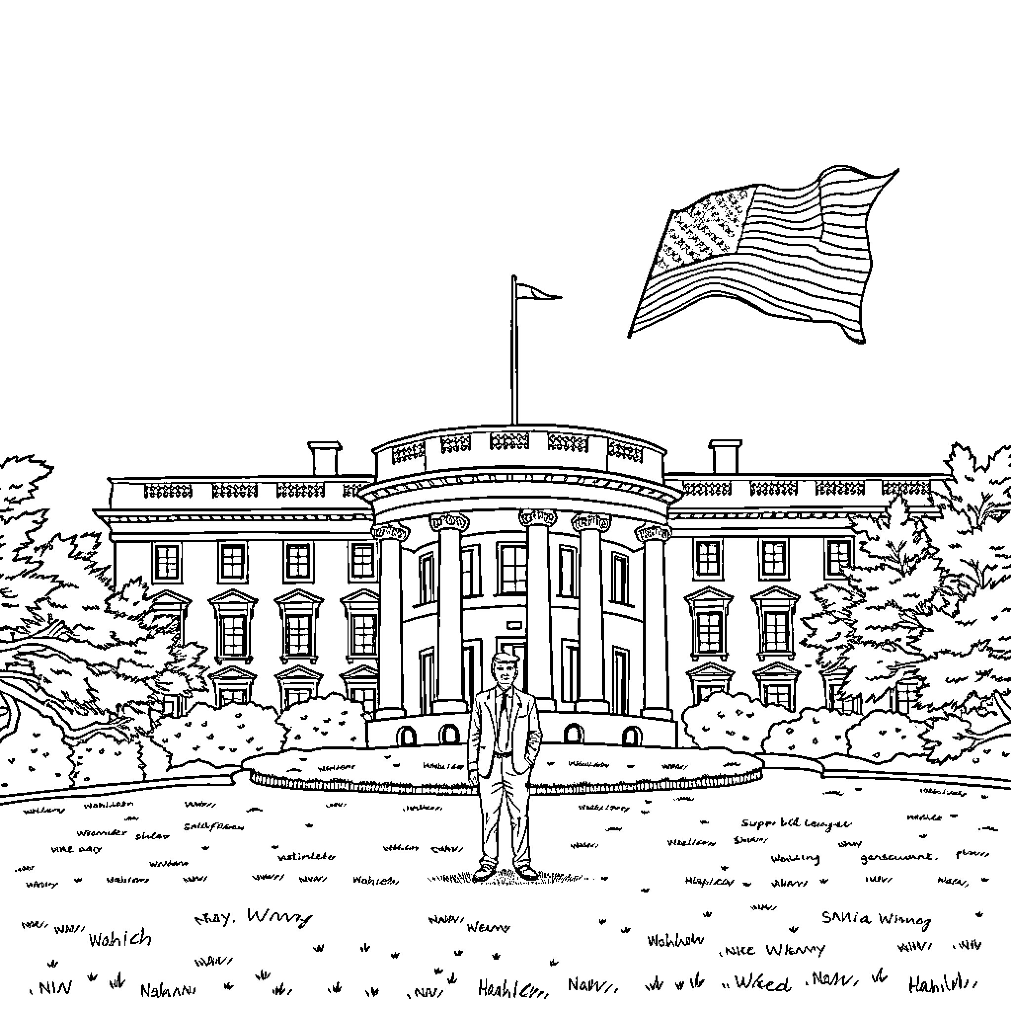 White House Exterior with Waving Figure Coloring Page (free black-and-white line drawing printable PDF for all, from beginners to advanced learners, including children, teens, adults, and seniors)