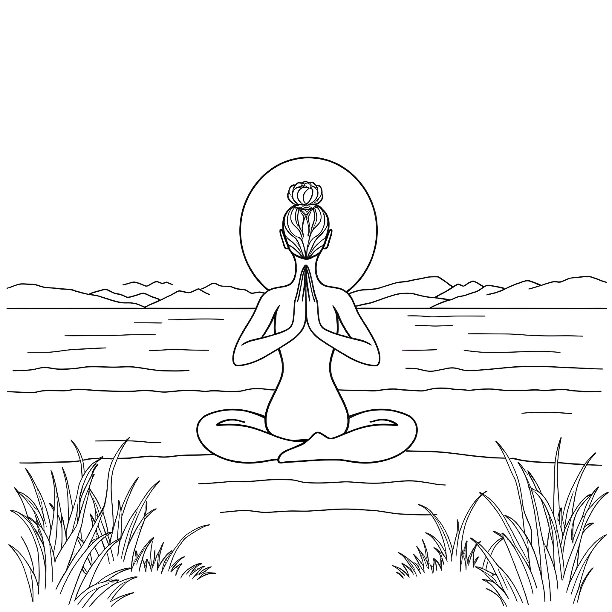 Yoga Practitioner Meditating by the Lake Coloring Page (free black-and-white line drawing printable PDF for all, from beginners to advanced learners, including children, teens, adults, and seniors)