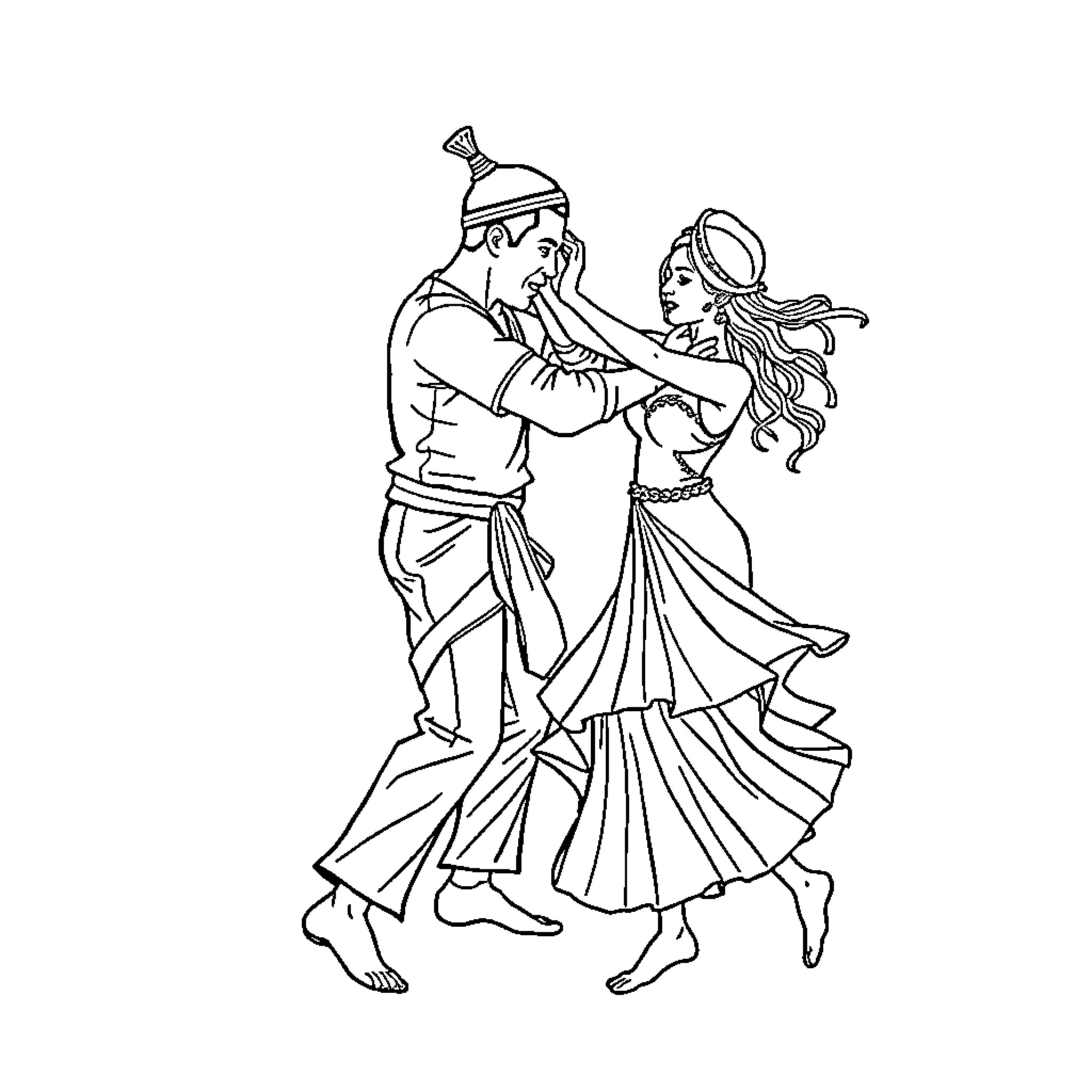 Capoeira performers in dynamic dance Coloring Page (free black-and-white line drawing printable PDF for all, from beginners to advanced learners, including children, teens, adults, and seniors)