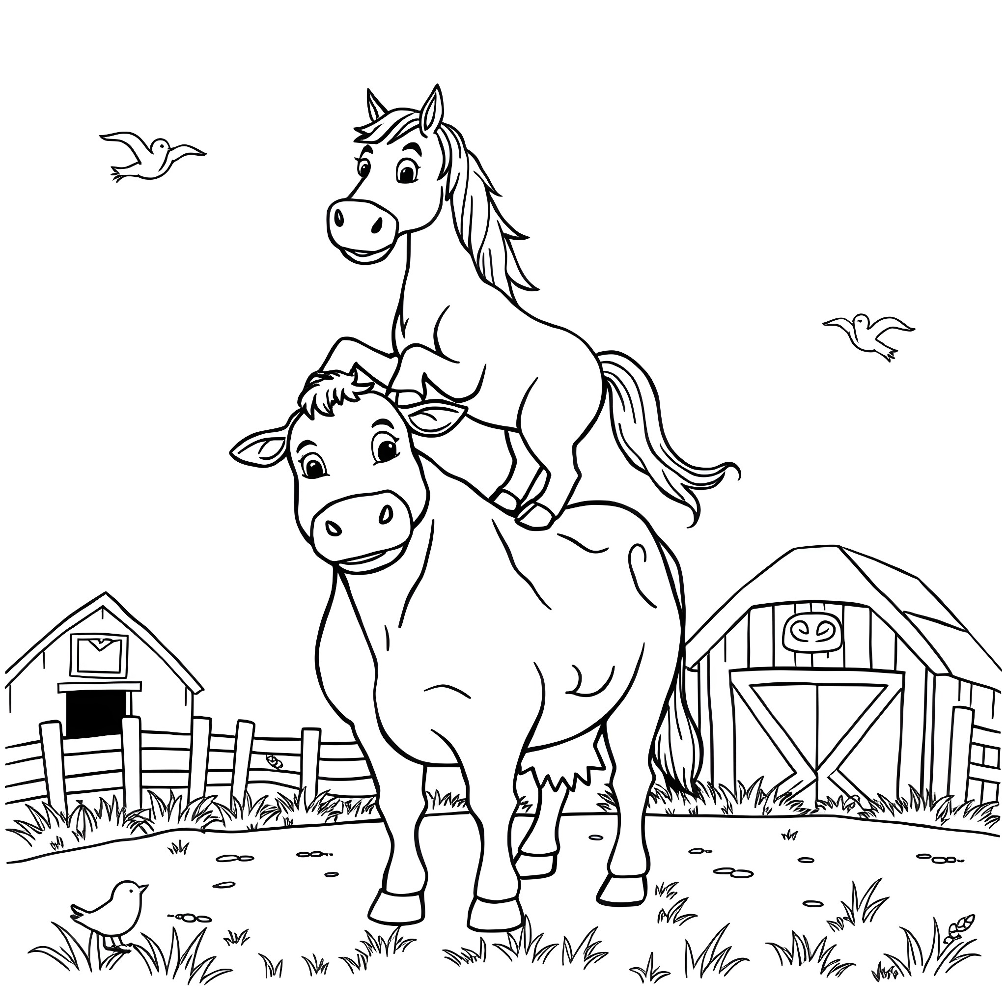 Horse Friends Explore the Countryside Coloring Page (free black-and-white line drawing printable PDF for all, from beginners to advanced learners, including children, teens, adults, and seniors)