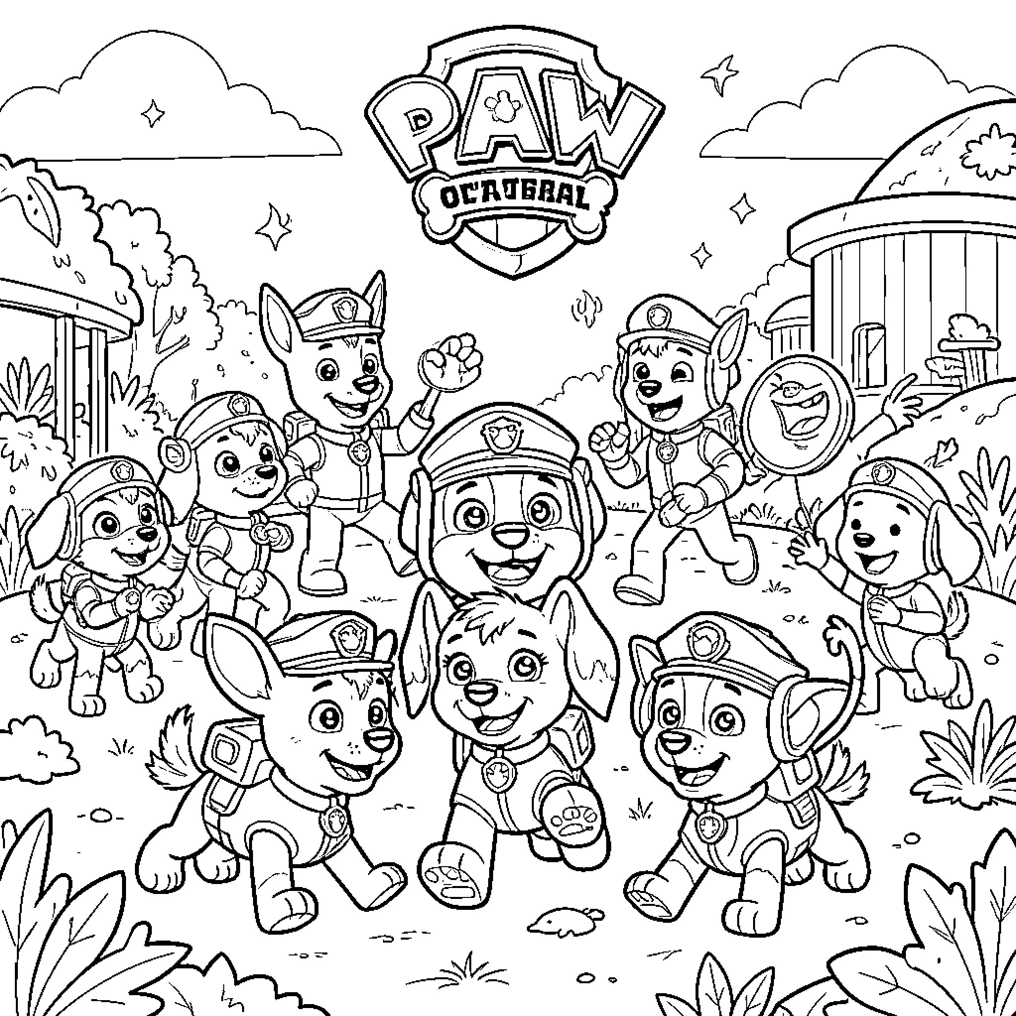 Paw Patrol pups celebrating together in a joyful scene Coloring Page (free black-and-white line drawing printable PDF for all, from beginners to advanced learners, including children, teens, adults, and seniors)