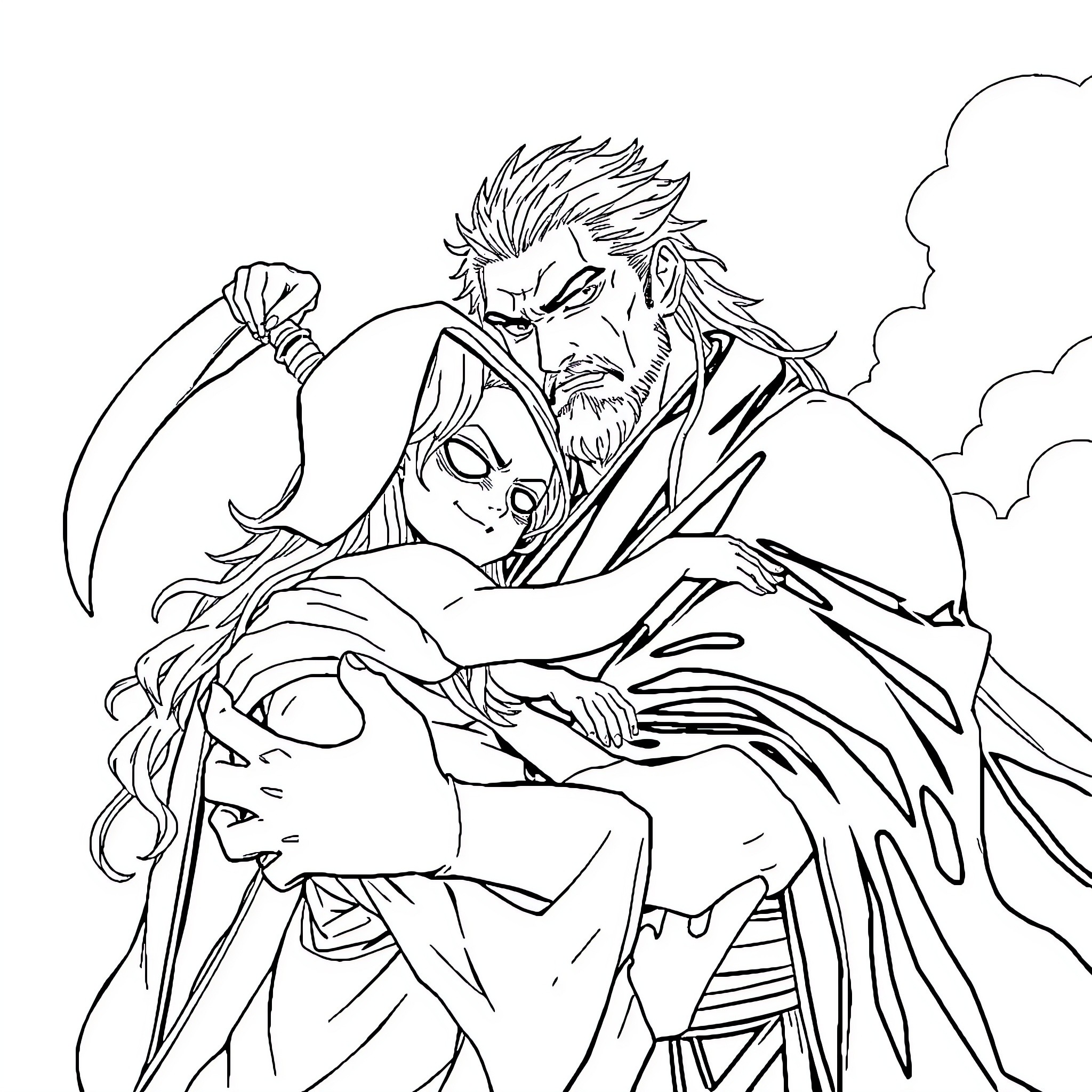 Riyo's Fierce Embrace: A Dramatic Encounter Coloring Page (free black-and-white line drawing printable PDF for all, from beginners to advanced learners, including children, teens, adults, and seniors)
