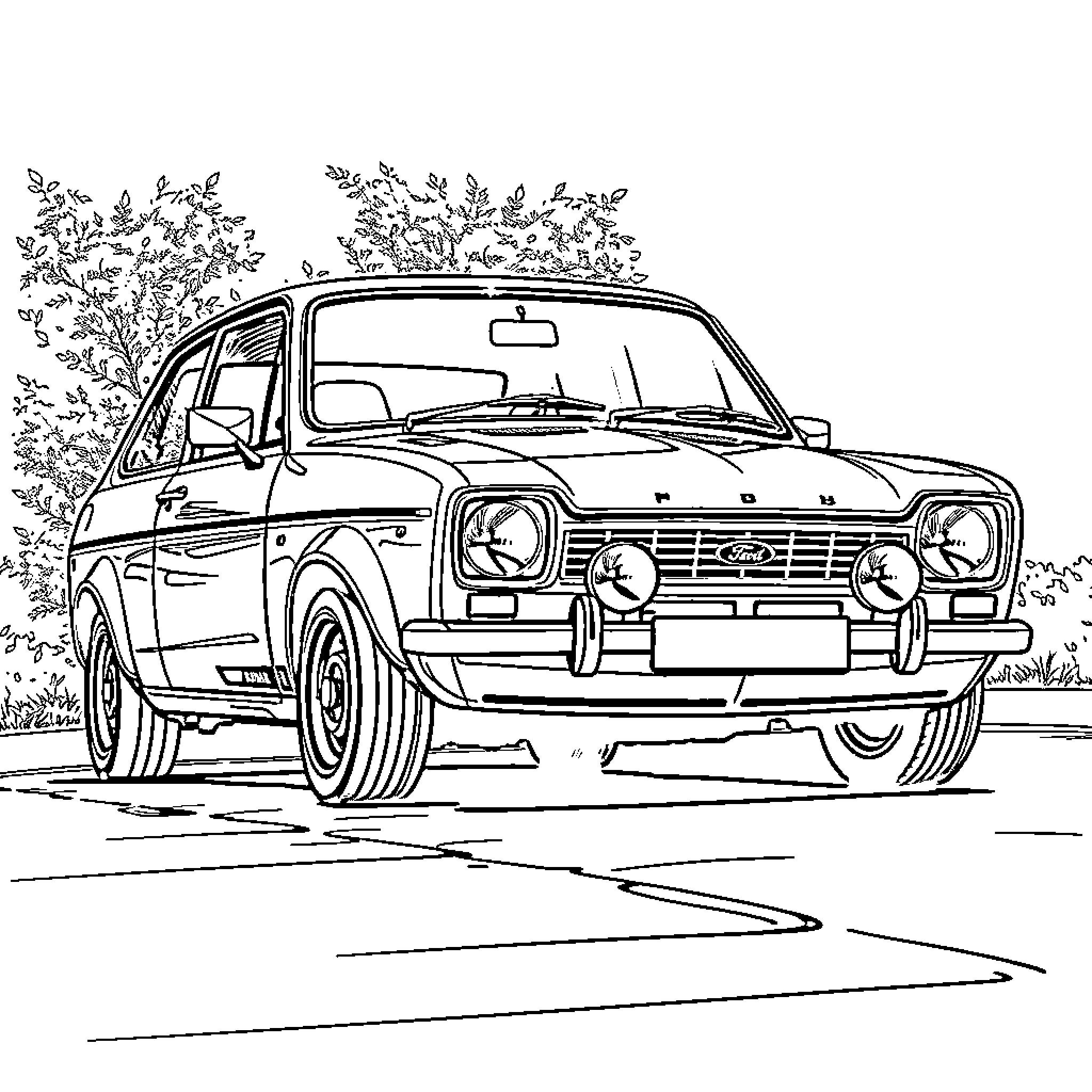Ford Fiesta classic car in outdoor setting Coloring Page (free black-and-white line drawing printable PDF for all, from beginners to advanced learners, including children, teens, adults, and seniors)