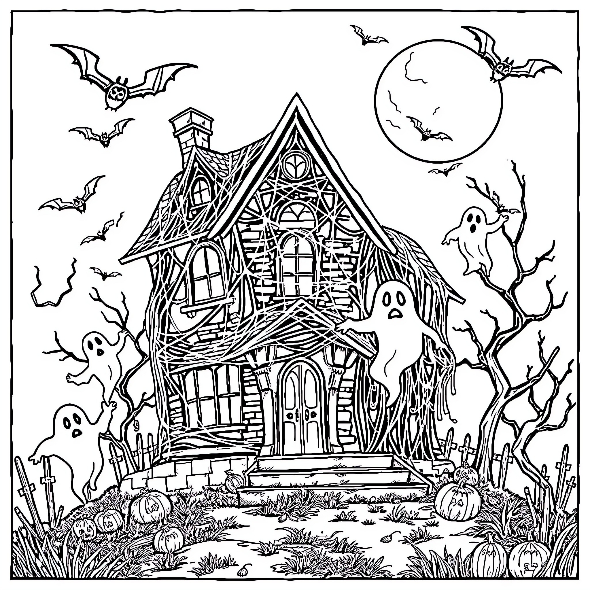 Haunted House with Spooky Ghosts and Bats Coloring Page (free black-and-white line drawing printable PDF for all, from beginners to advanced learners, including children, teens, adults, and seniors)