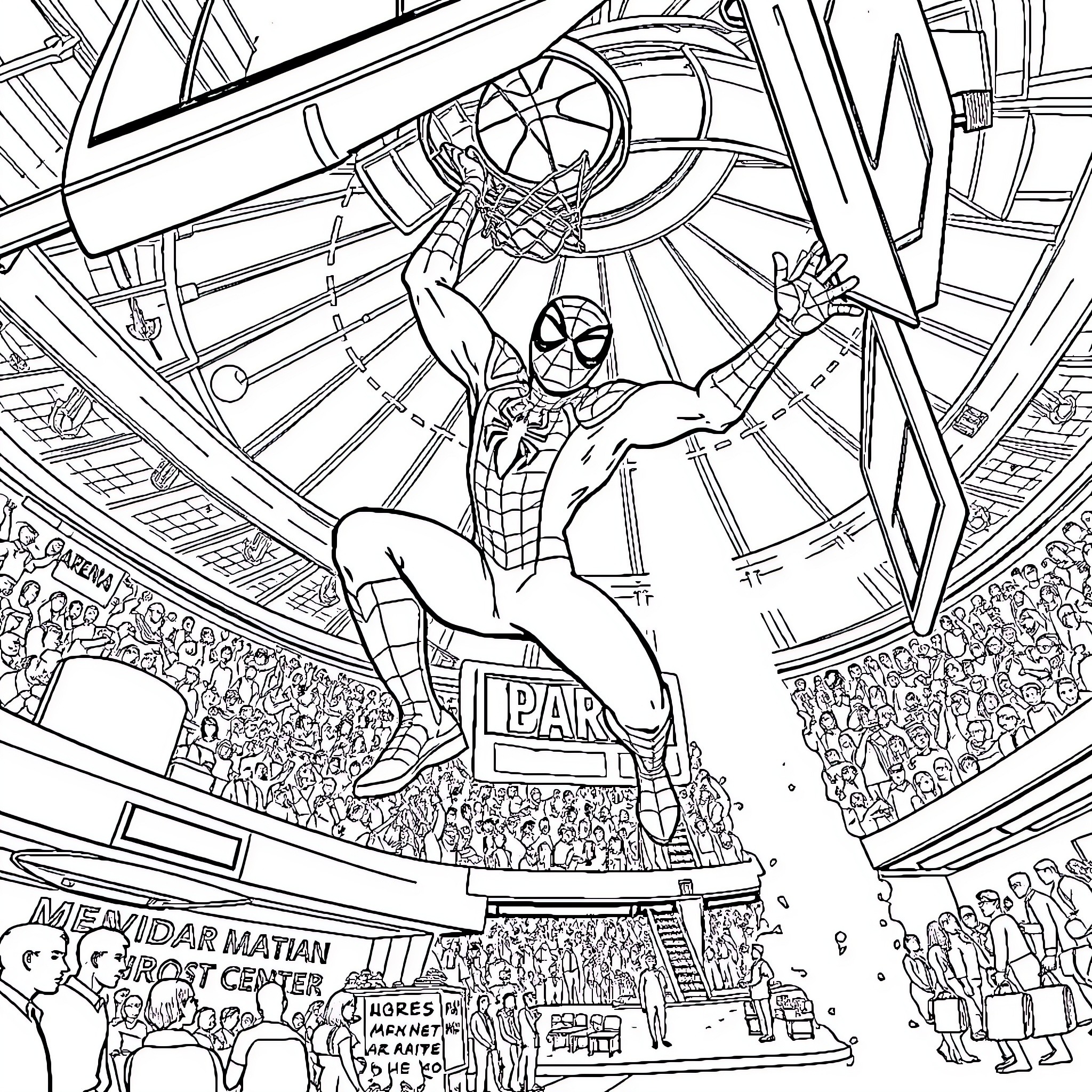 Spiderman performing heroic stunts in a crowded arena Coloring Page (free black-and-white line drawing printable PDF for all, from beginners to advanced learners, including children, teens, adults, and seniors)