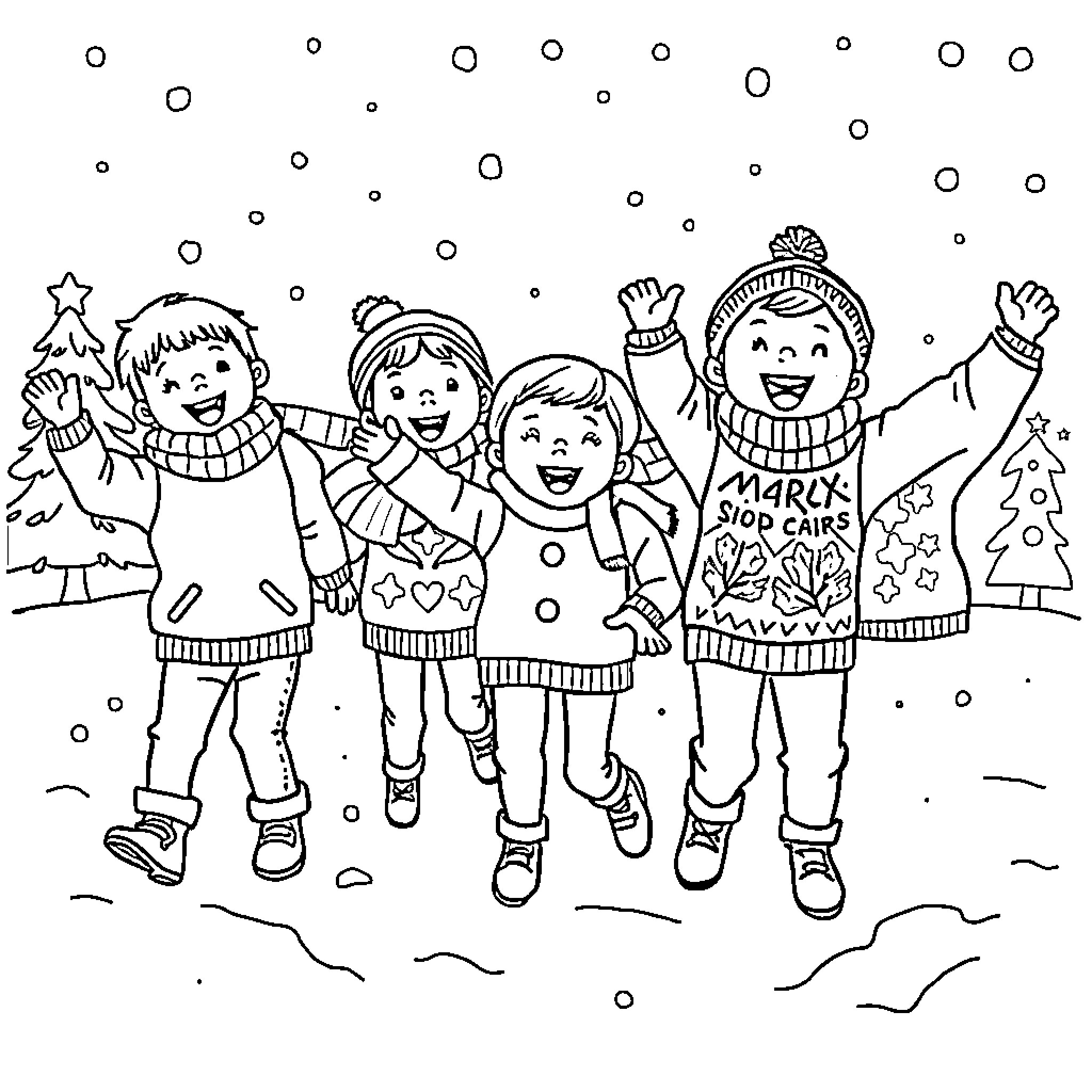 Kids playing and celebrating in the snow Coloring Page (free black-and-white line drawing printable PDF for all, from beginners to advanced learners, including children, teens, adults, and seniors)