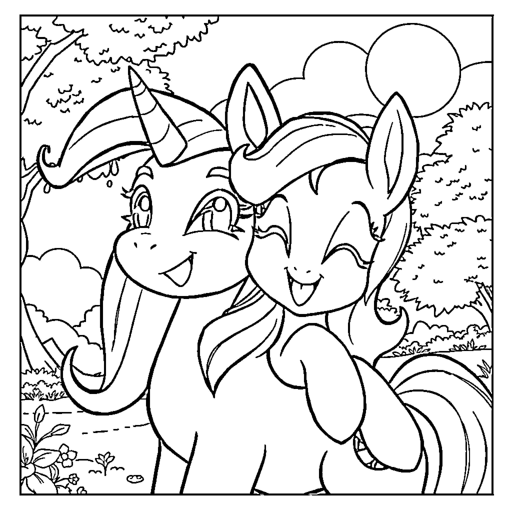 Rumi's Joyful Adventure in the Enchanted Forest Coloring Page (free black-and-white line drawing printable PDF for all, from beginners to advanced learners, including children, teens, adults, and seniors)