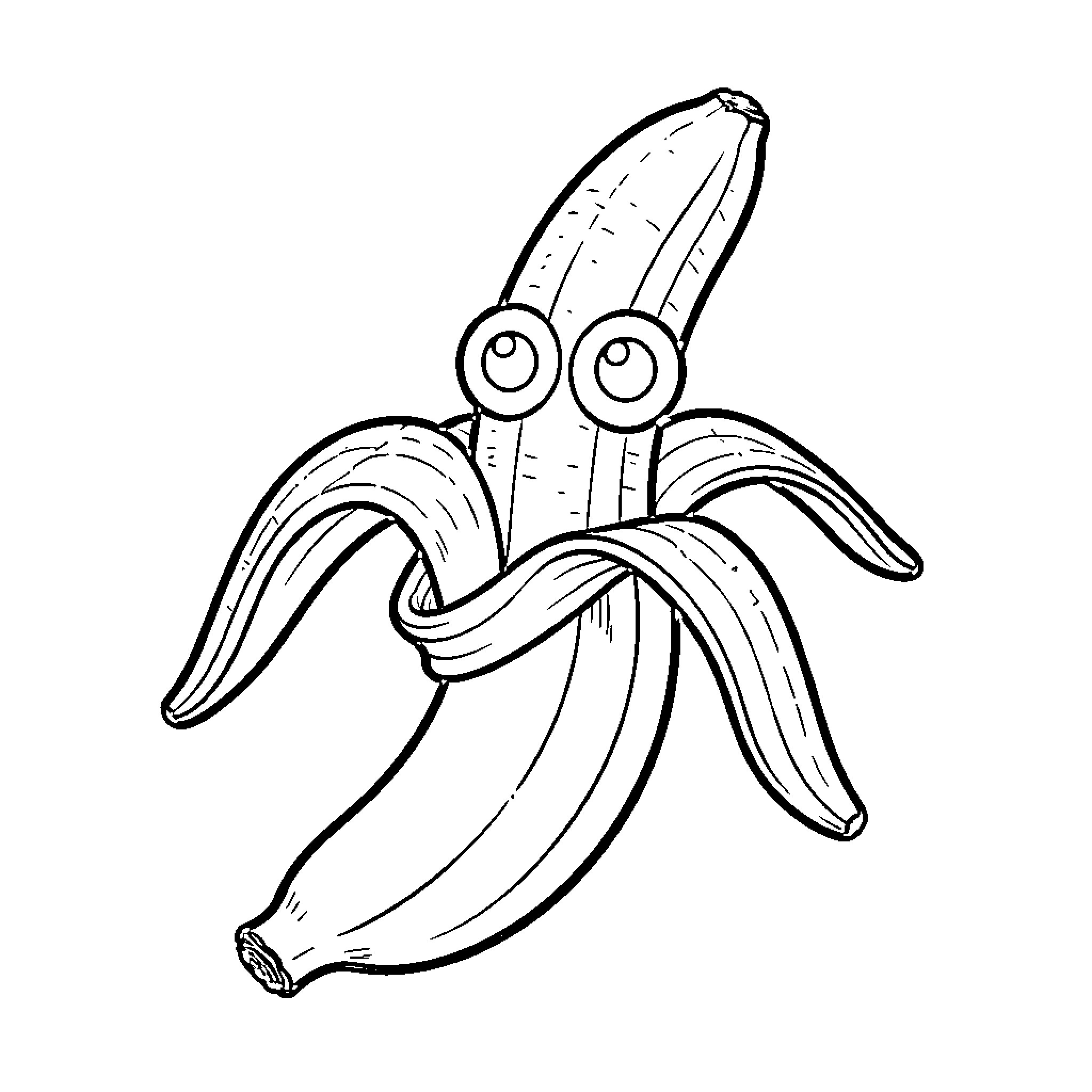 Banana character with large eyes and a funny expression Coloring Page (free black-and-white line drawing printable PDF for all, from beginners to advanced learners, including children, teens, adults, and seniors)