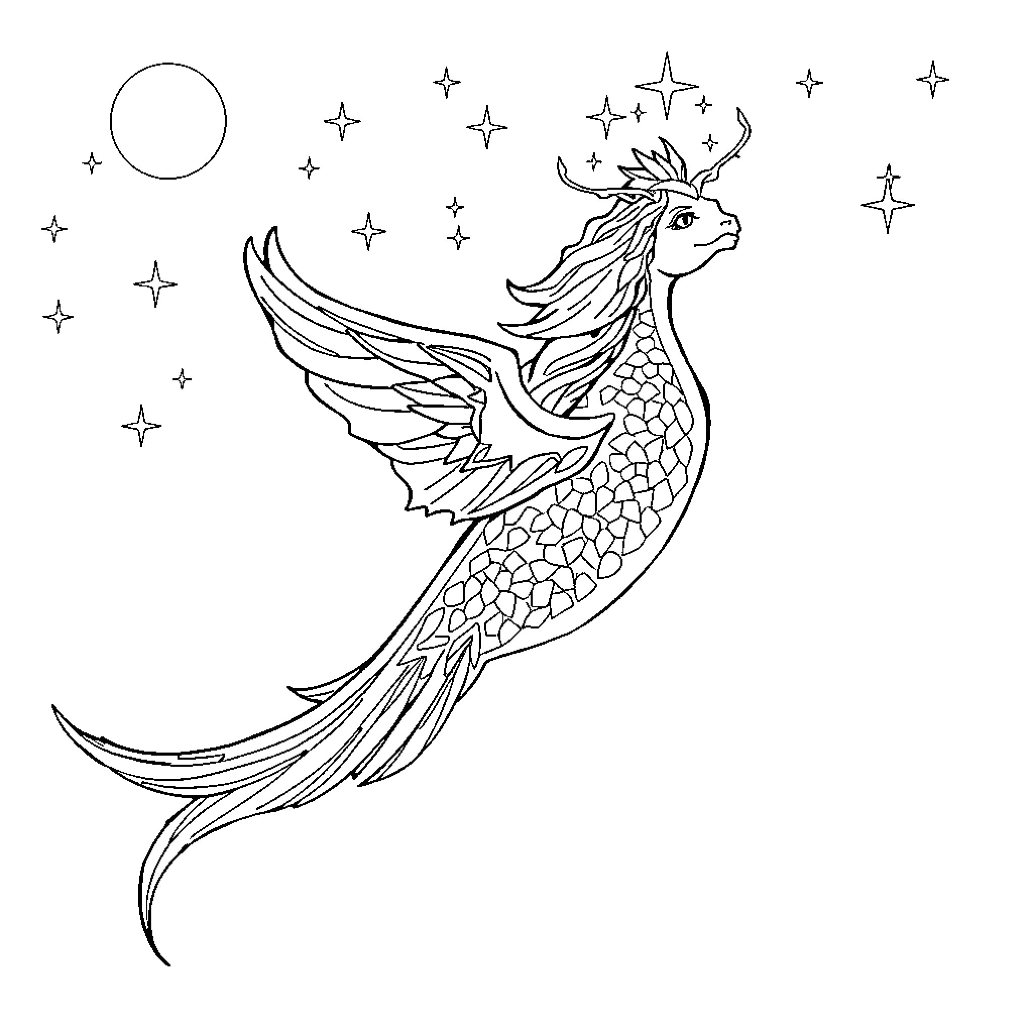 Siren soaring through the starry night sky Coloring Page (free black-and-white line drawing printable PDF for all, from beginners to advanced learners, including children, teens, adults, and seniors)