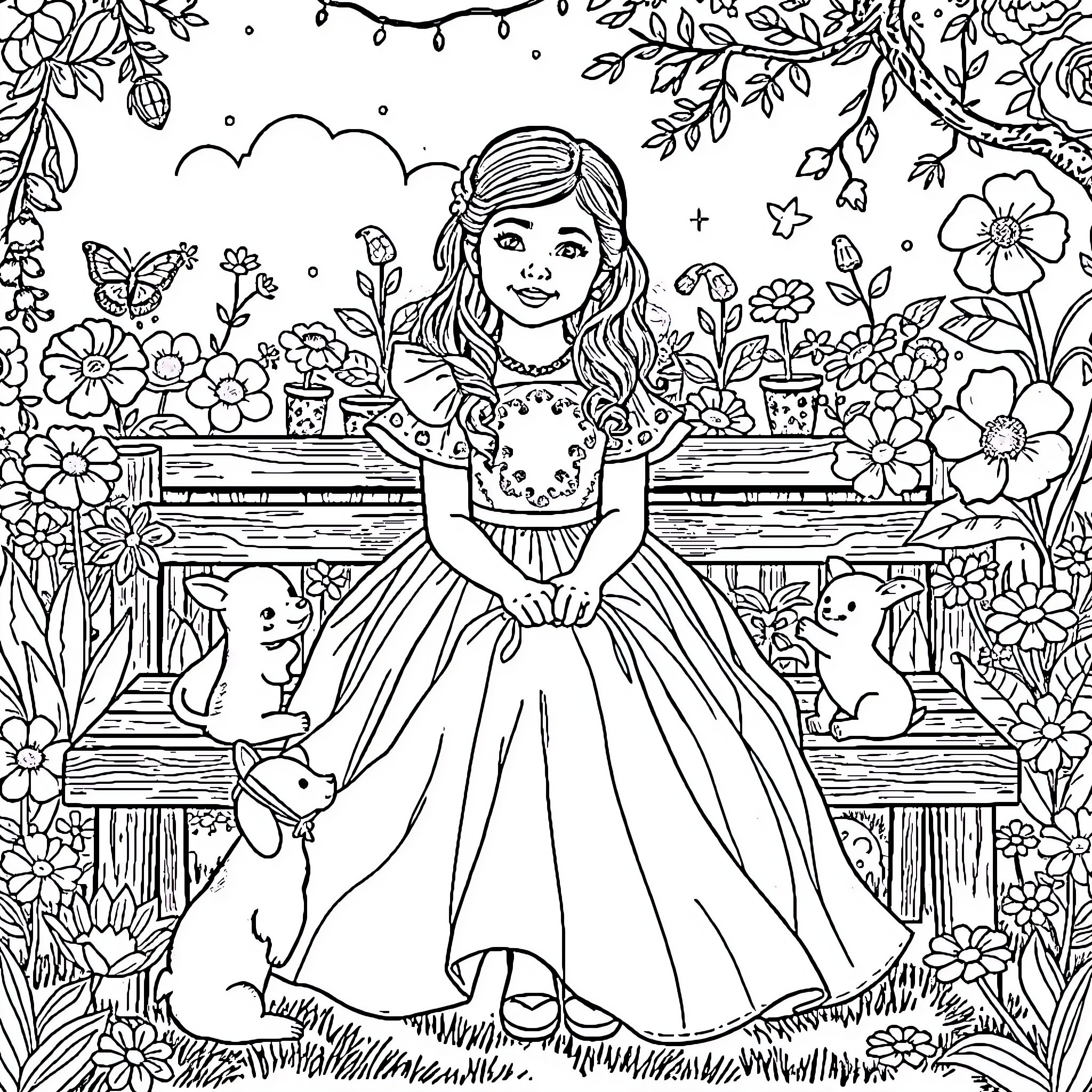 Girl in a Floral Garden with Bunnies Coloring Page (free black-and-white line drawing printable PDF for all, from beginners to advanced learners, including children, teens, adults, and seniors)