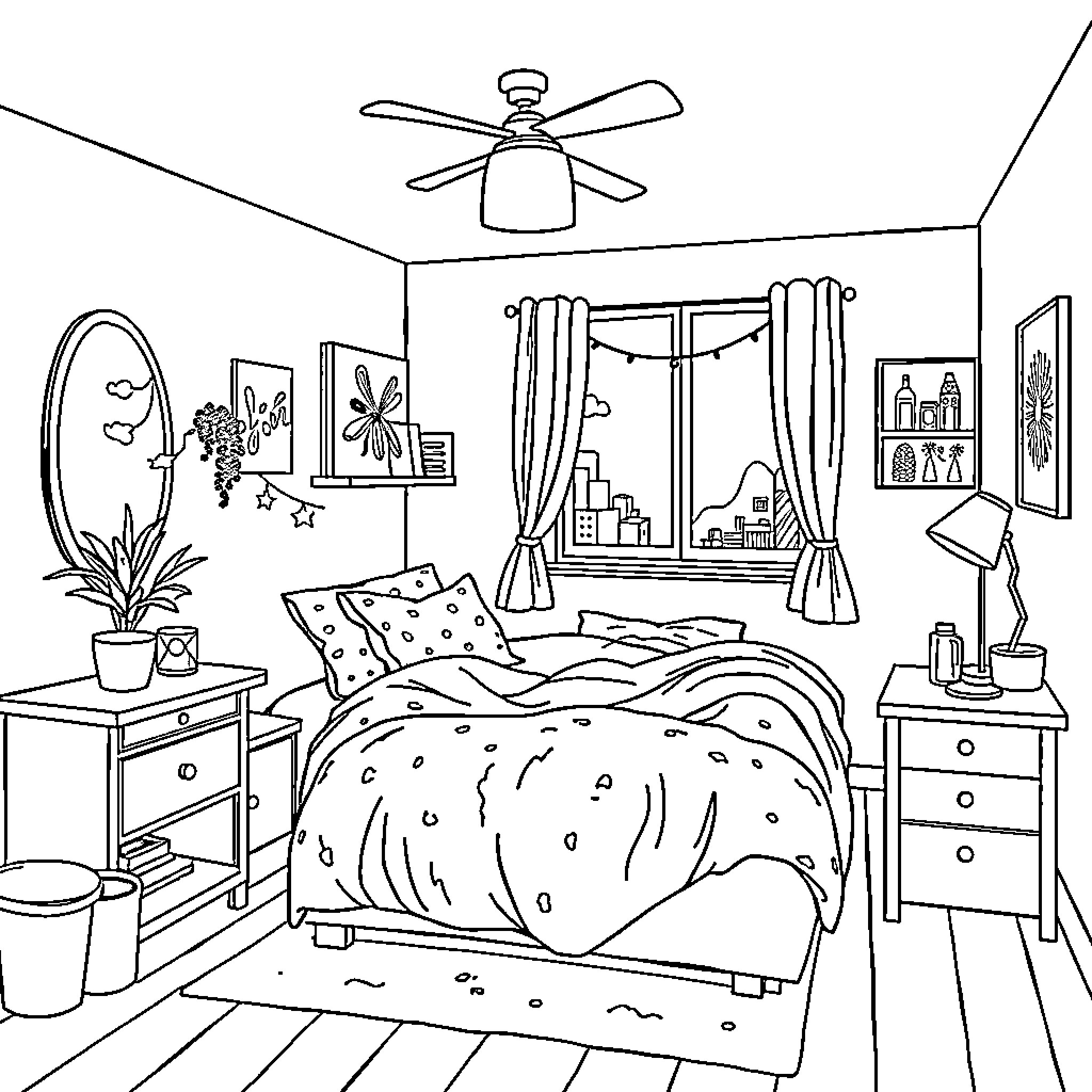 Room with Cozy Bedroom Furnishings and Decor Coloring Page (free black-and-white line drawing printable PDF for all, from beginners to advanced learners, including children, teens, adults, and seniors)