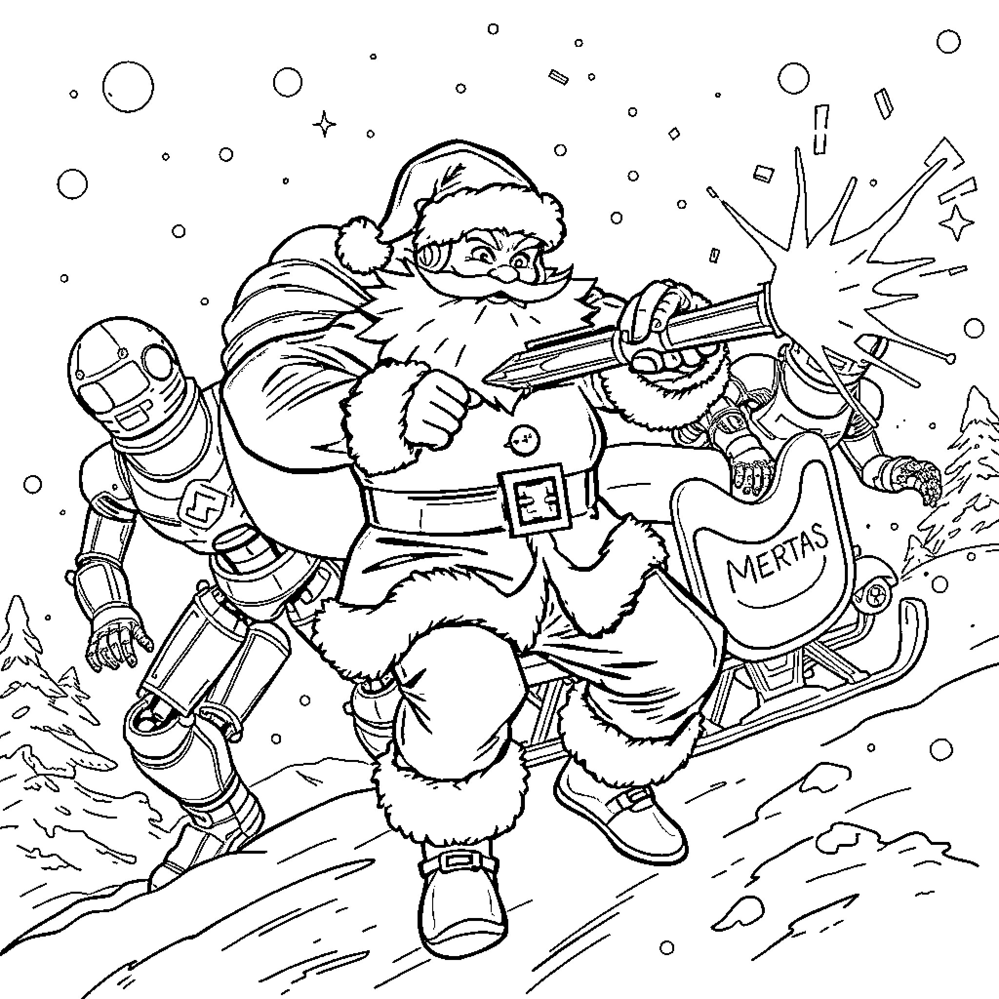 Santa Riding Snowmobile and Wielding Laser Blaster Coloring Page (free black-and-white line drawing printable PDF for all, from beginners to advanced learners, including children, teens, adults, and seniors)