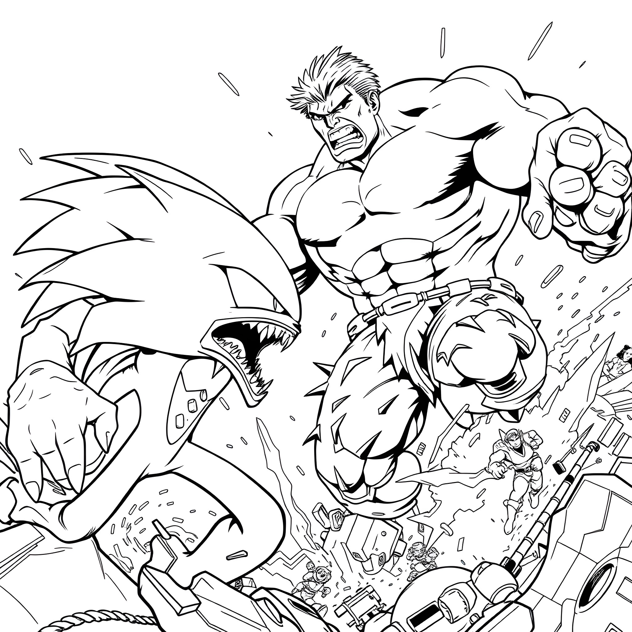 Sonic's Intense Battle with Monstrous Foe Coloring Page (free black-and-white line drawing printable PDF for all, from beginners to advanced learners, including children, teens, adults, and seniors)