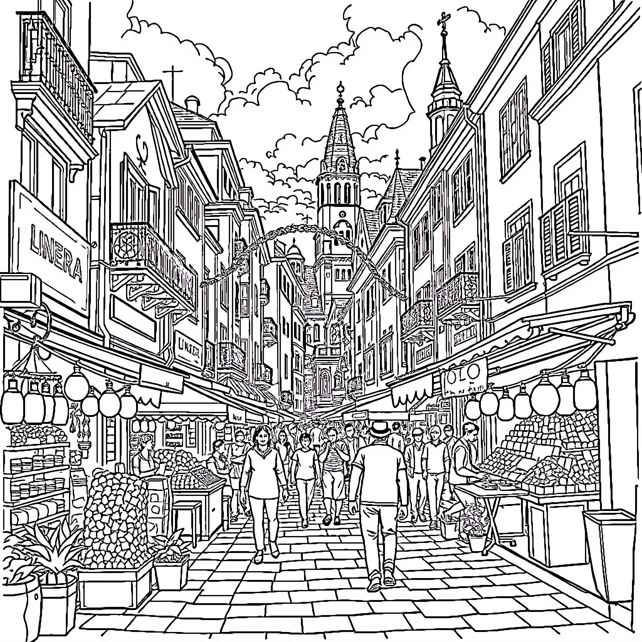 Linera - Bustling city street with historical architecture Coloring Page (free black-and-white line drawing printable PDF for all, from beginners to advanced learners, including children, teens, adults, and seniors)