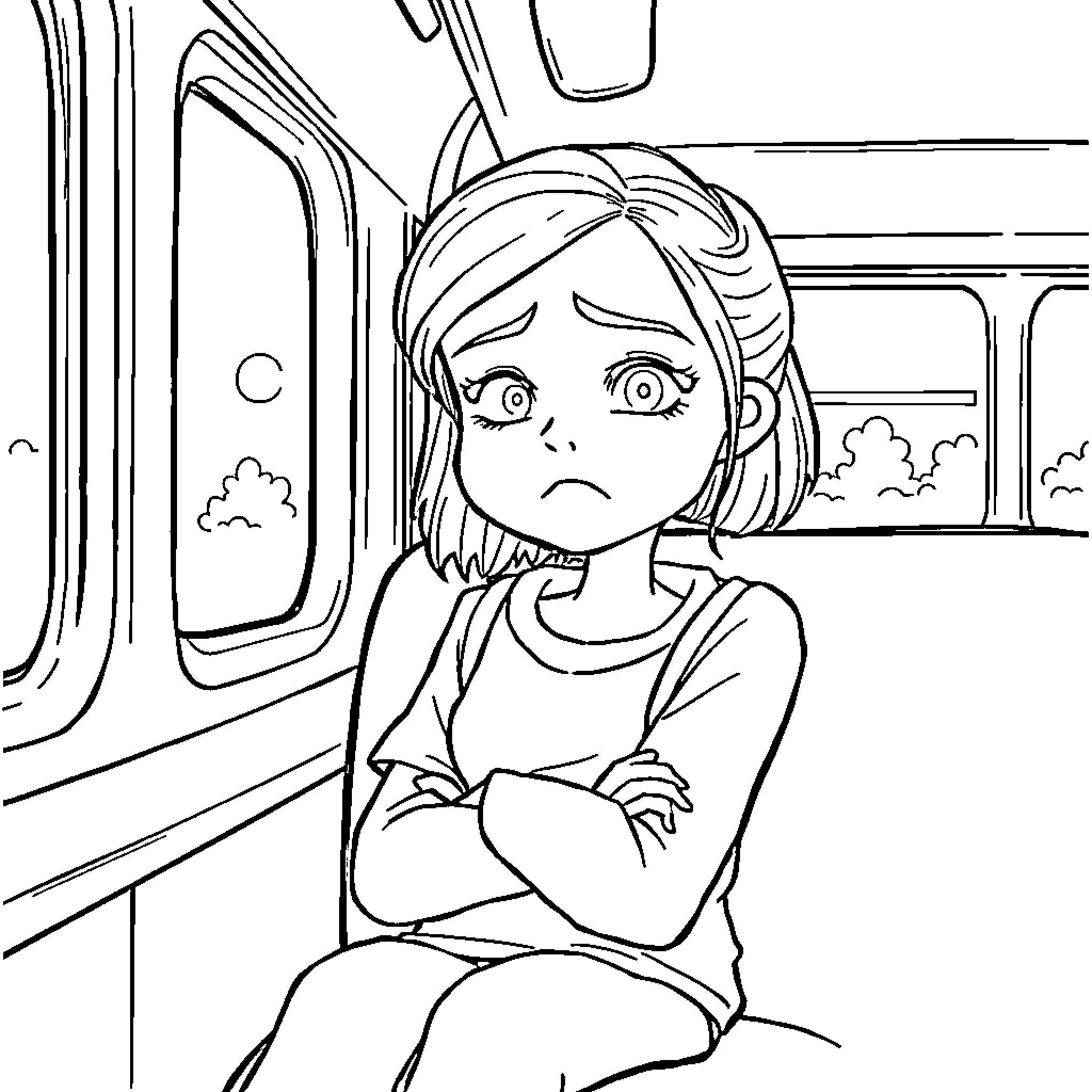 Girl feeling upset on a bus ride Coloring Page (free black-and-white line drawing printable PDF for all, from beginners to advanced learners, including children, teens, adults, and seniors)