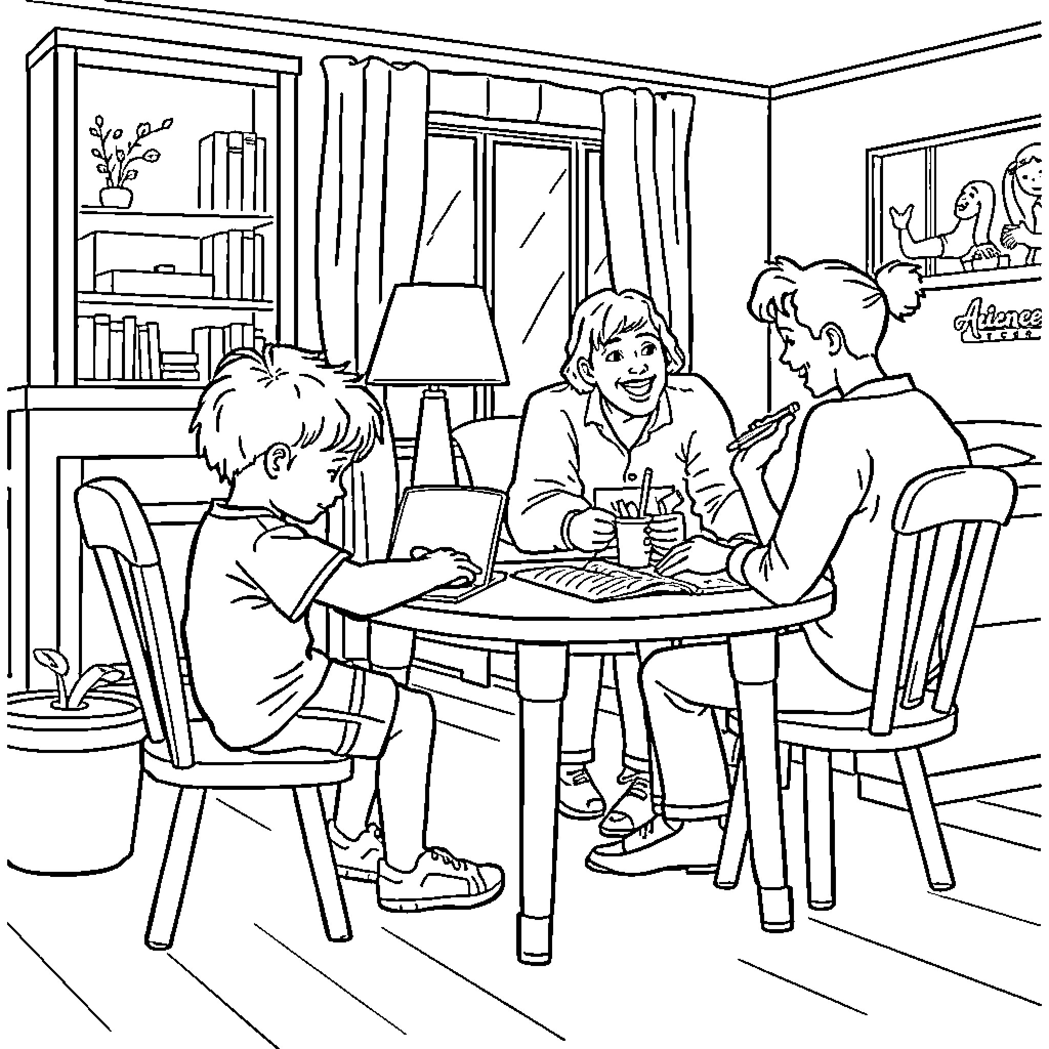 Kindergartners enjoying snack time in cozy home setting Coloring Page (free black-and-white line drawing printable PDF for all, from beginners to advanced learners, including children, teens, adults, and seniors)