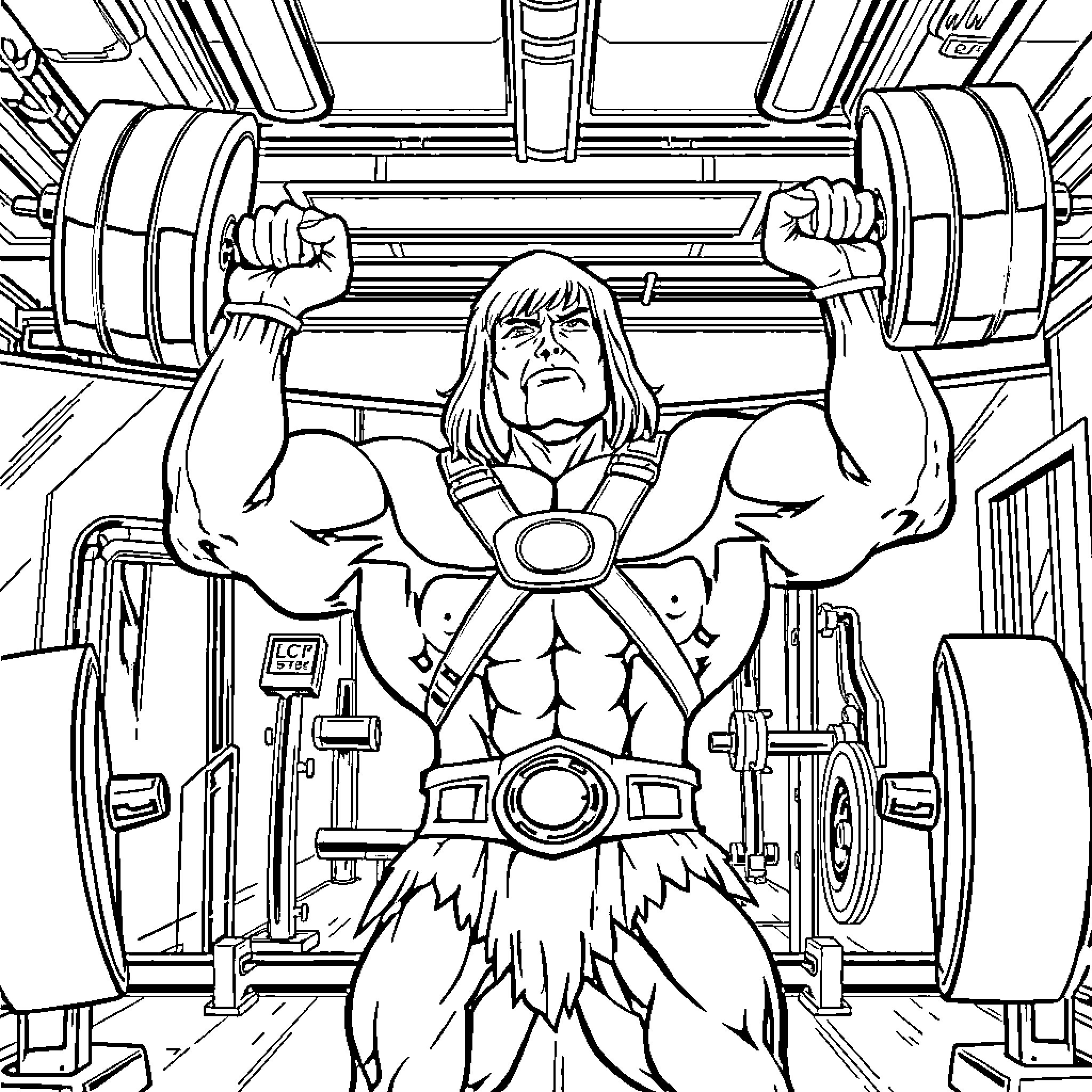 He-Man's Strength and Might in the Gym Coloring Page (free black-and-white line drawing printable PDF for all, from beginners to advanced learners, including children, teens, adults, and seniors)