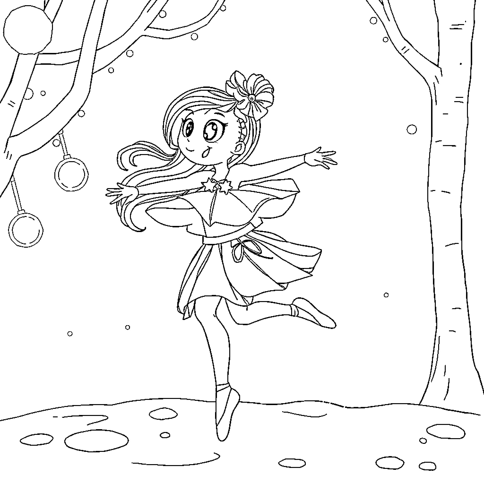 Labubu dancing joyfully in the magical forest Coloring Page (free black-and-white line drawing printable PDF for all, from beginners to advanced learners, including children, teens, adults, and seniors)