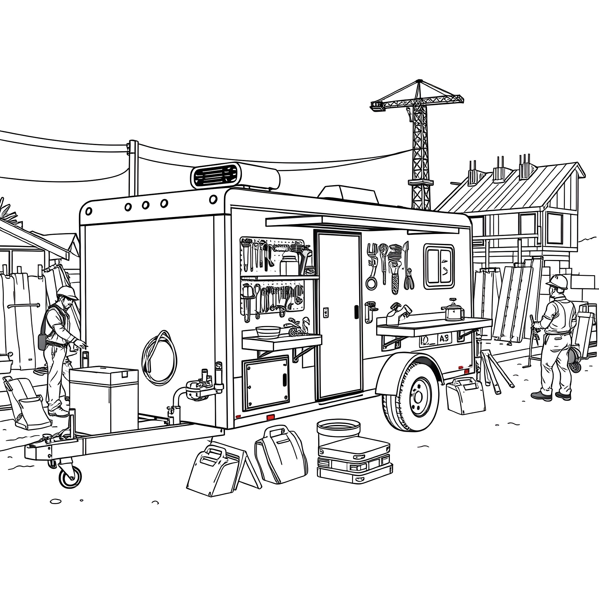 Trailer with Construction Equipment and Workers Coloring Page (free black-and-white line drawing printable PDF for all, from beginners to advanced learners, including children, teens, adults, and seniors)
