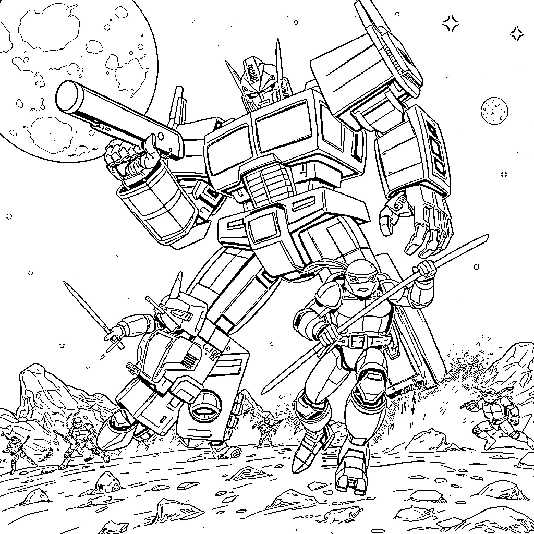 Transformers robot in epic battle on alien landscape Coloring Page (free black-and-white line drawing printable PDF for all, from beginners to advanced learners, including children, teens, adults, and seniors)