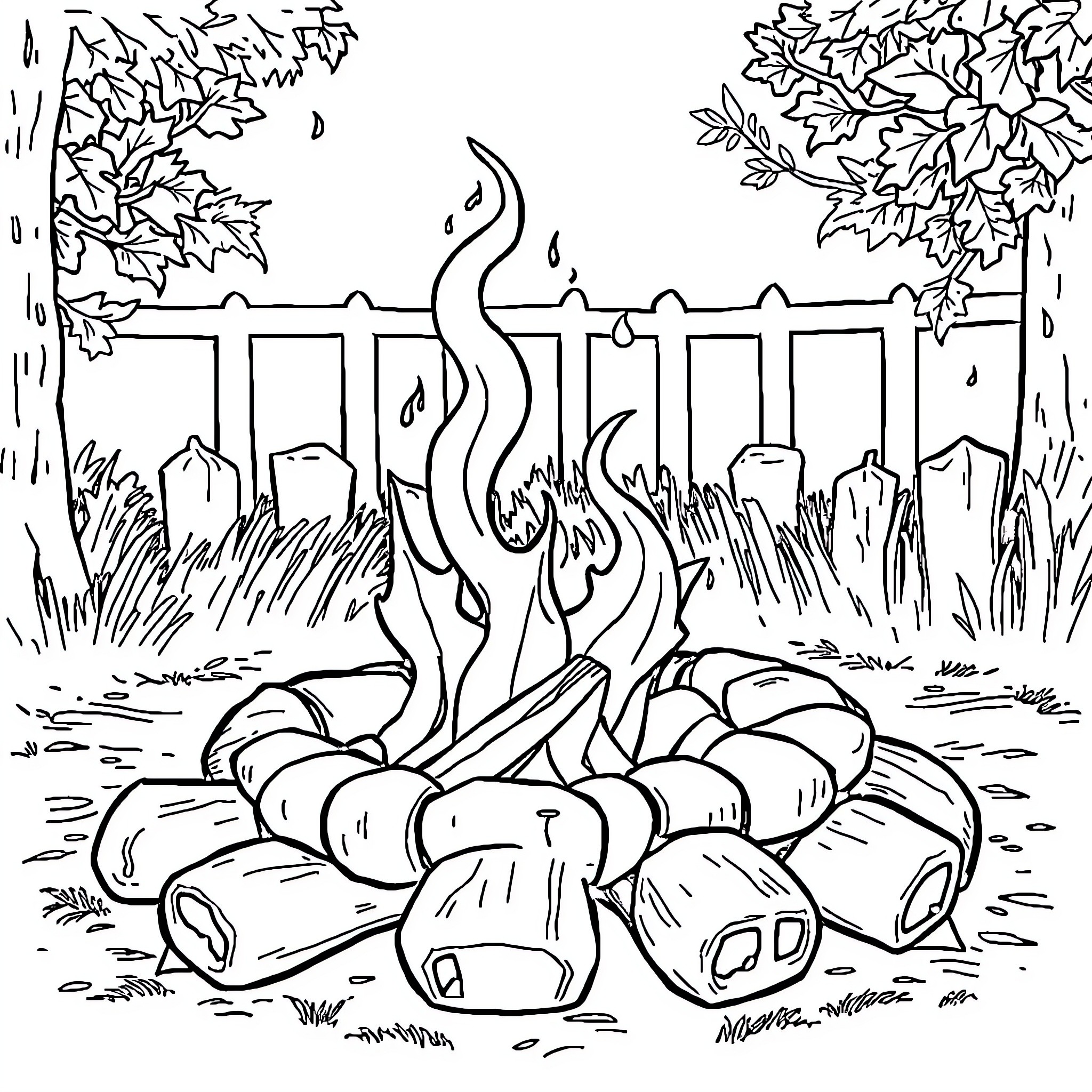 Leaf Piles Burning in the Backyard Coloring Page (free black-and-white line drawing printable PDF for all, from beginners to advanced learners, including children, teens, adults, and seniors)