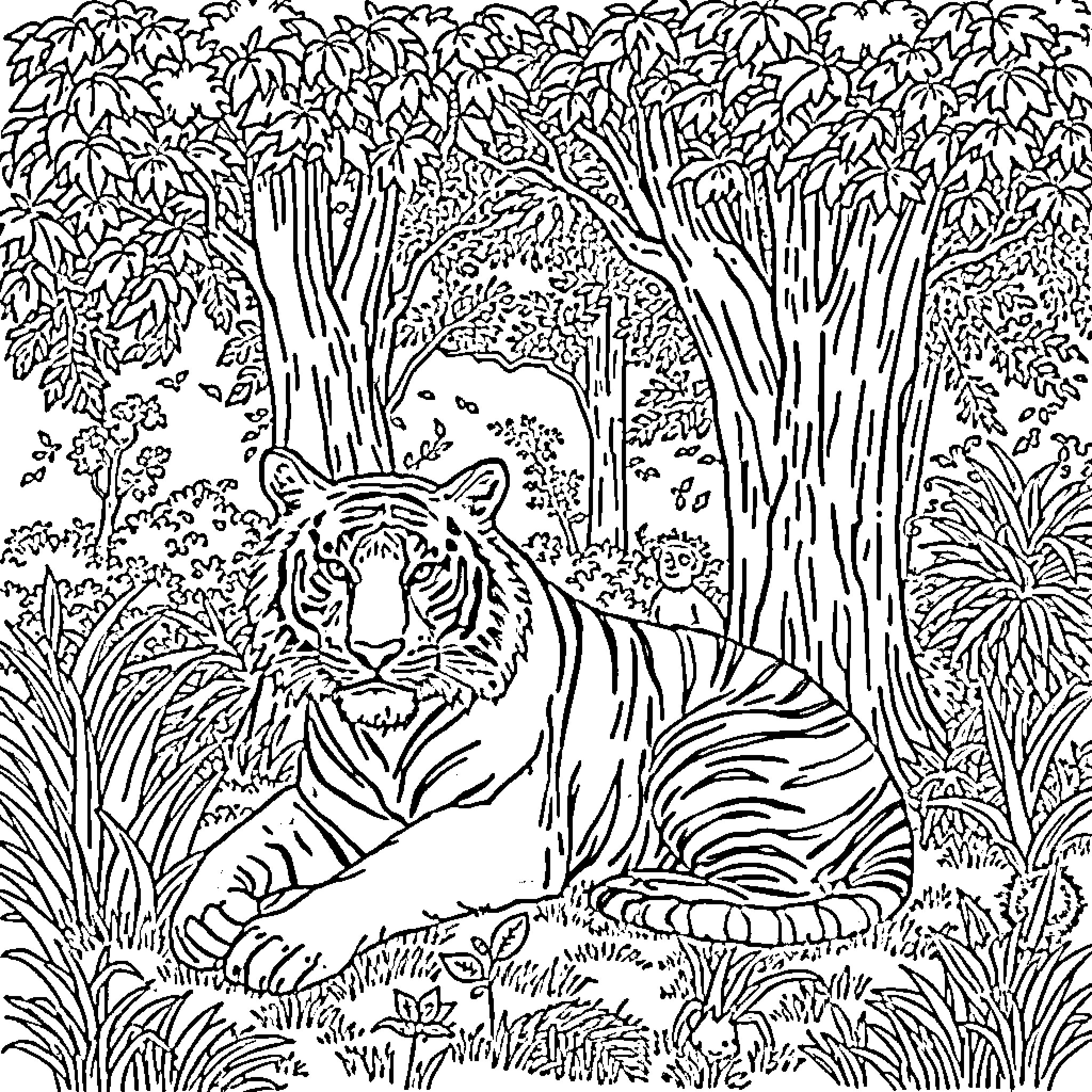 Bengal Tiger resting in the lush jungle foliage Coloring Page (free black-and-white line drawing printable PDF for all, from beginners to advanced learners, including children, teens, adults, and seniors)