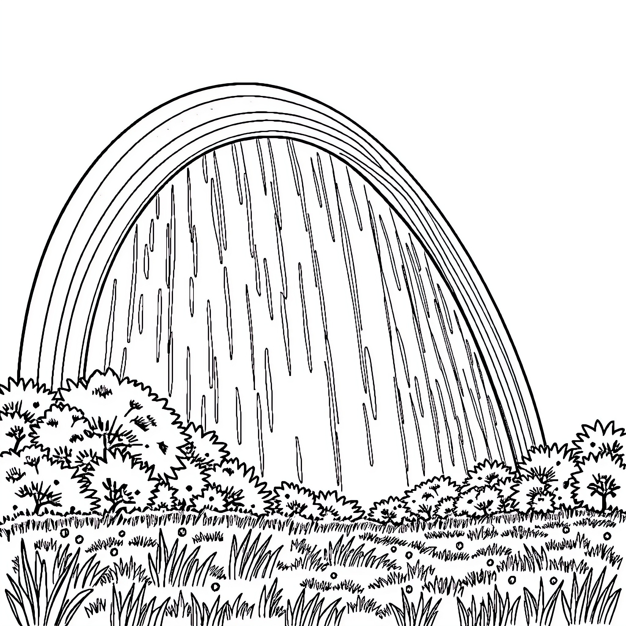 Rainbow Waterfall Surrounded by Lush Foliage Coloring Page (free black-and-white line drawing printable PDF for all, from beginners to advanced learners, including children, teens, adults, and seniors)