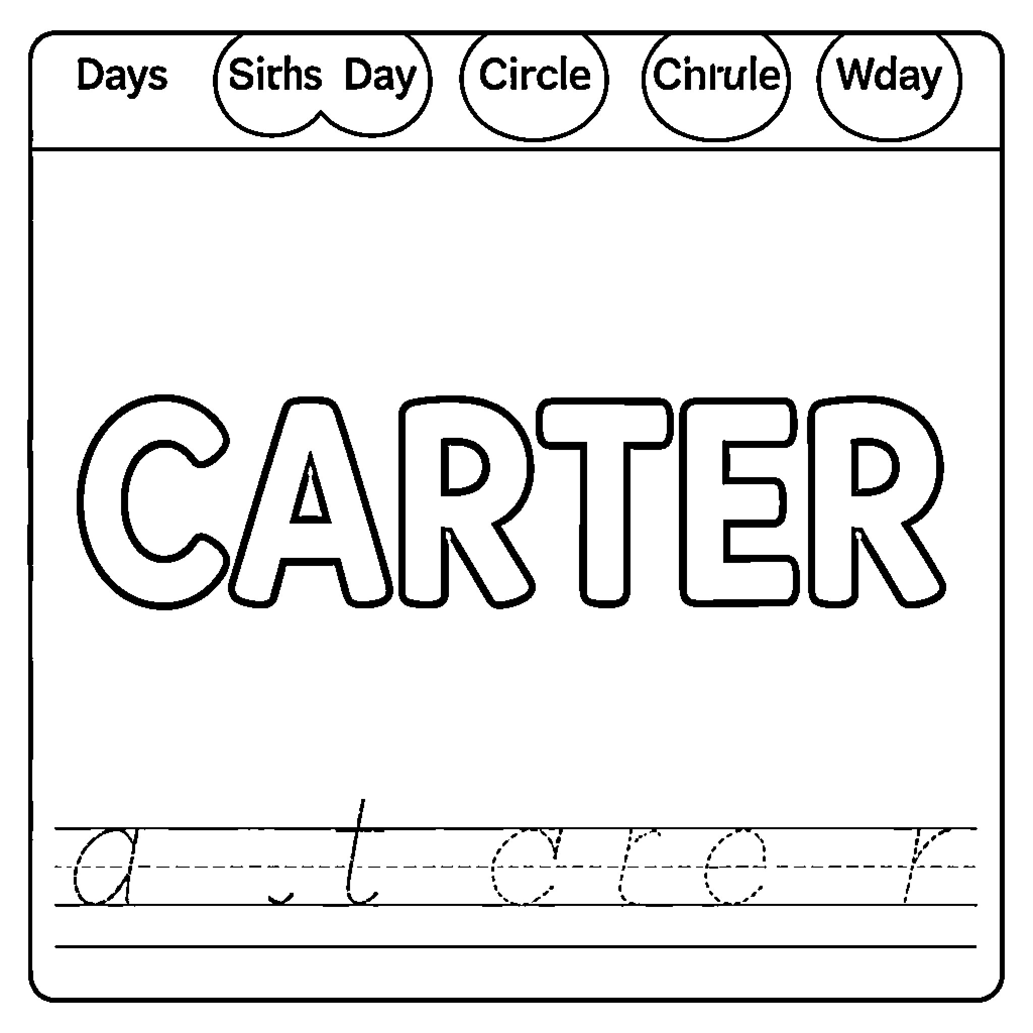 Carter name written in large outline letters Coloring Page (free black-and-white line drawing printable PDF for all, from beginners to advanced learners, including children, teens, adults, and seniors)
