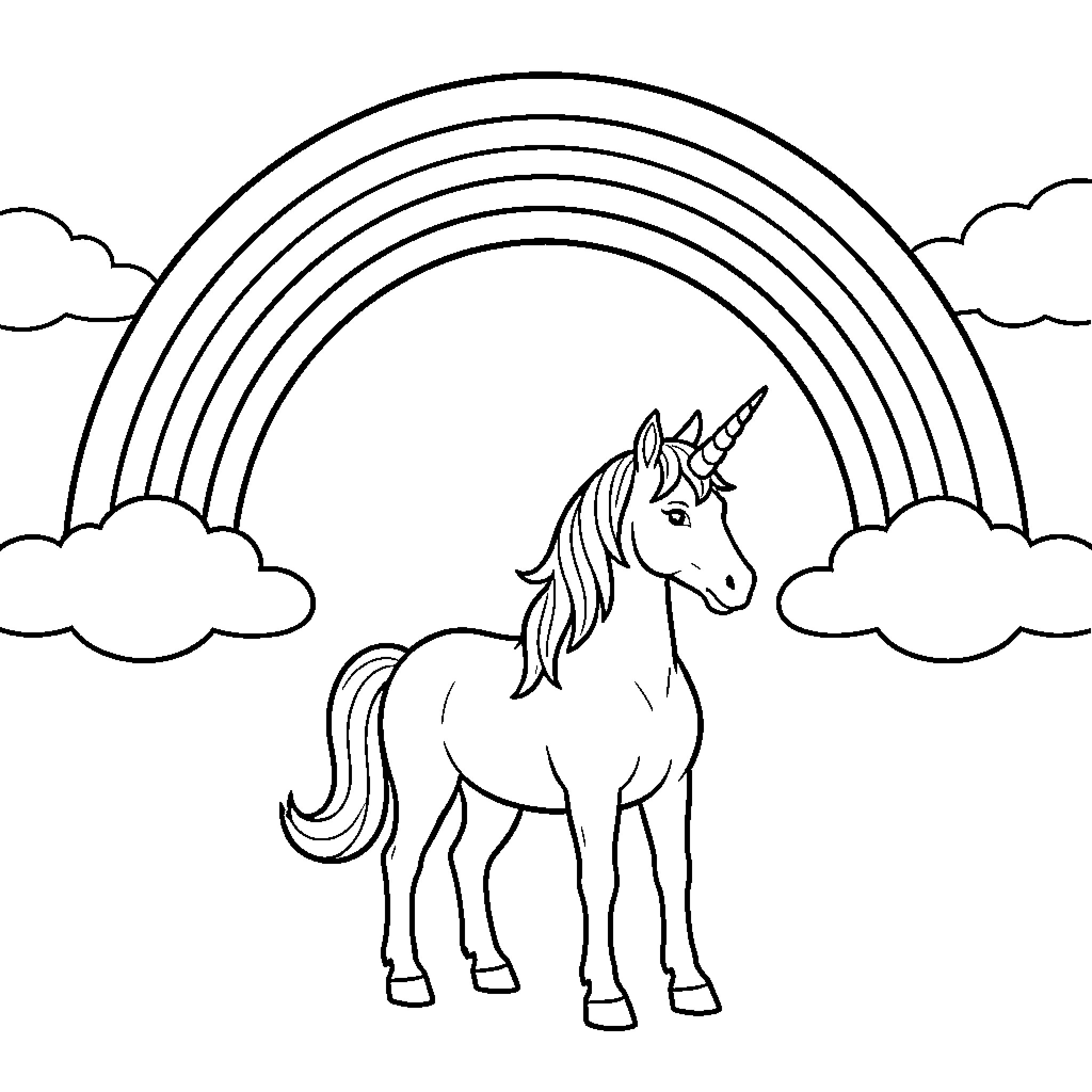 Unicorn standing majestically beneath a large rainbow Coloring Page (free black-and-white line drawing printable PDF for all, from beginners to advanced learners, including children, teens, adults, and seniors)