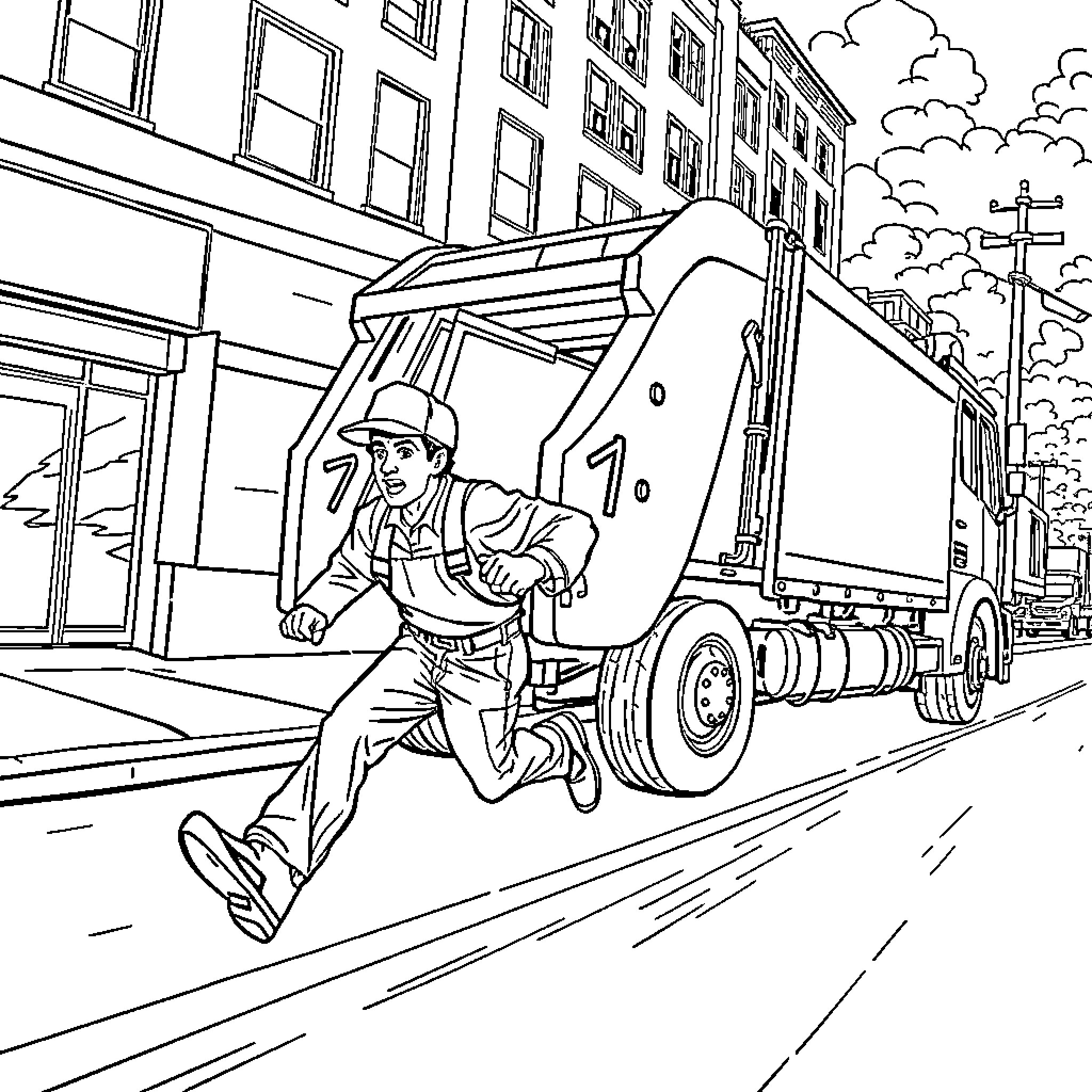 Mechanic working efficiently near a truck on the street Coloring Page (free black-and-white line drawing printable PDF for all, from beginners to advanced learners, including children, teens, adults, and seniors)
