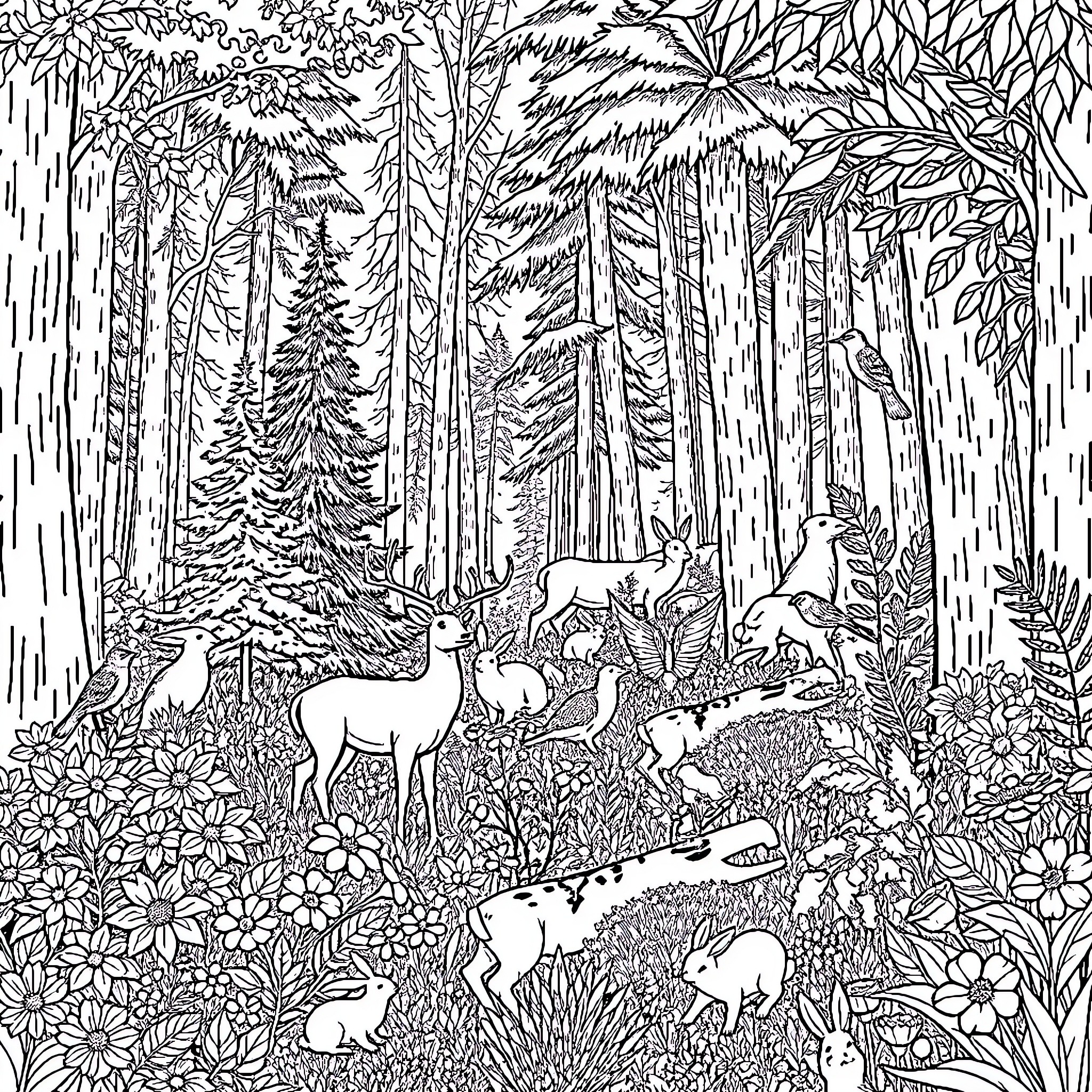 Forest Filled with Diverse Wildlife Coloring Page (free black-and-white line drawing printable PDF for all, from beginners to advanced learners, including children, teens, adults, and seniors)
