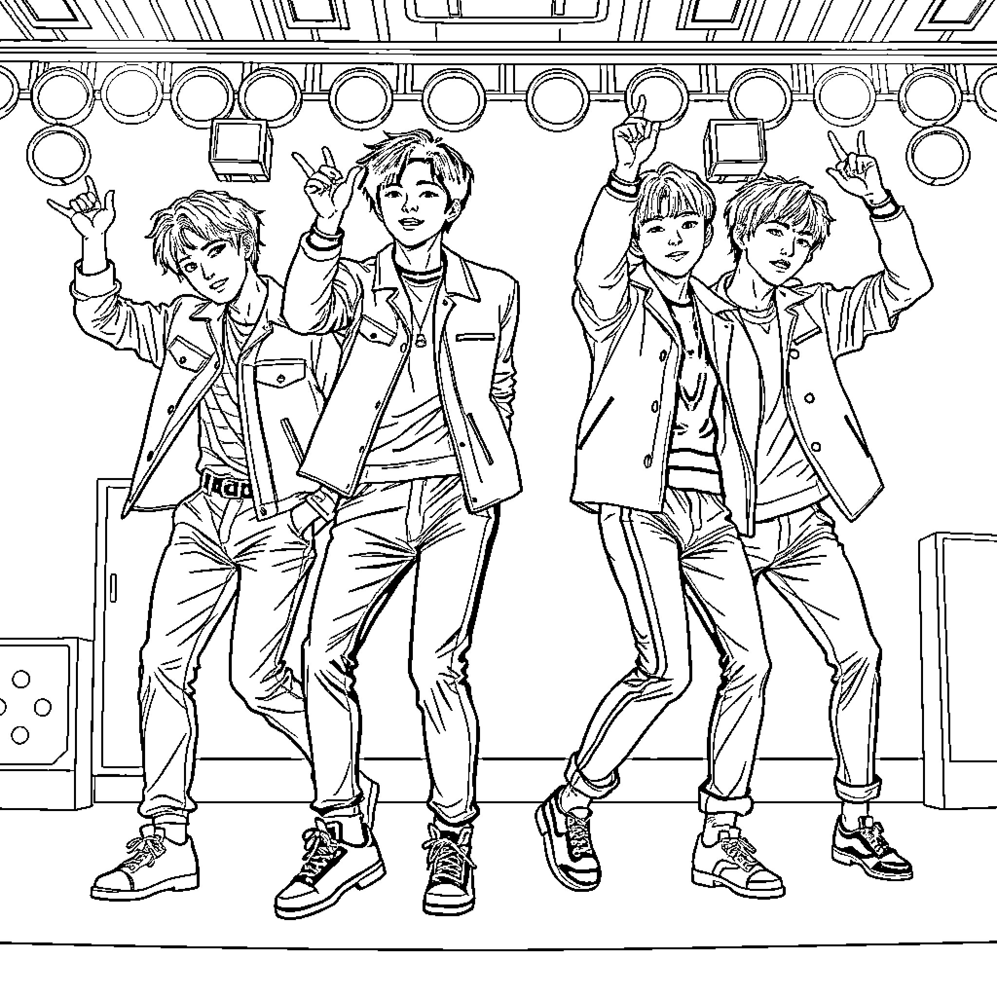 Saja Boys Celebrating and Posing Energetically Coloring Page (free black-and-white line drawing printable PDF for all, from beginners to advanced learners, including children, teens, adults, and seniors)