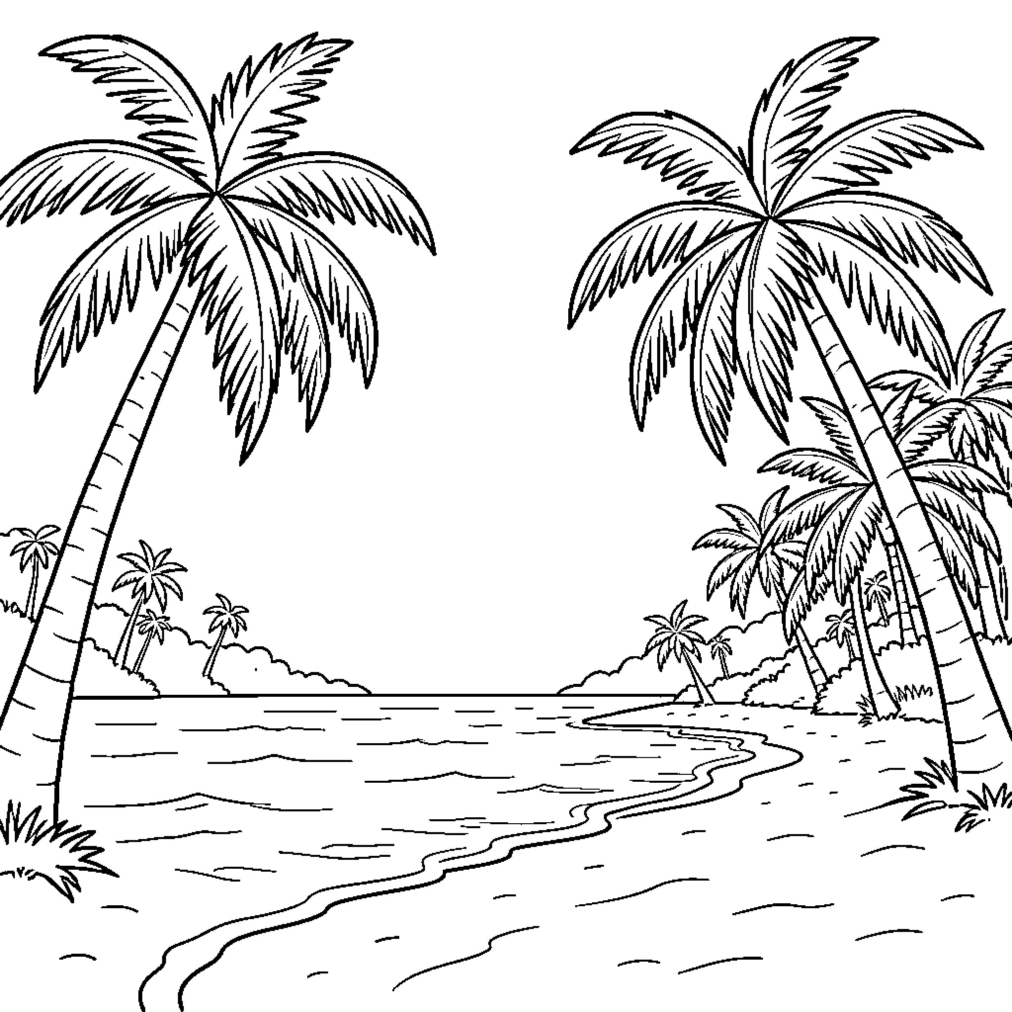 Tropical Landscape with palm trees along a beach Coloring Page (free black-and-white line drawing printable PDF for all, from beginners to advanced learners, including children, teens, adults, and seniors)