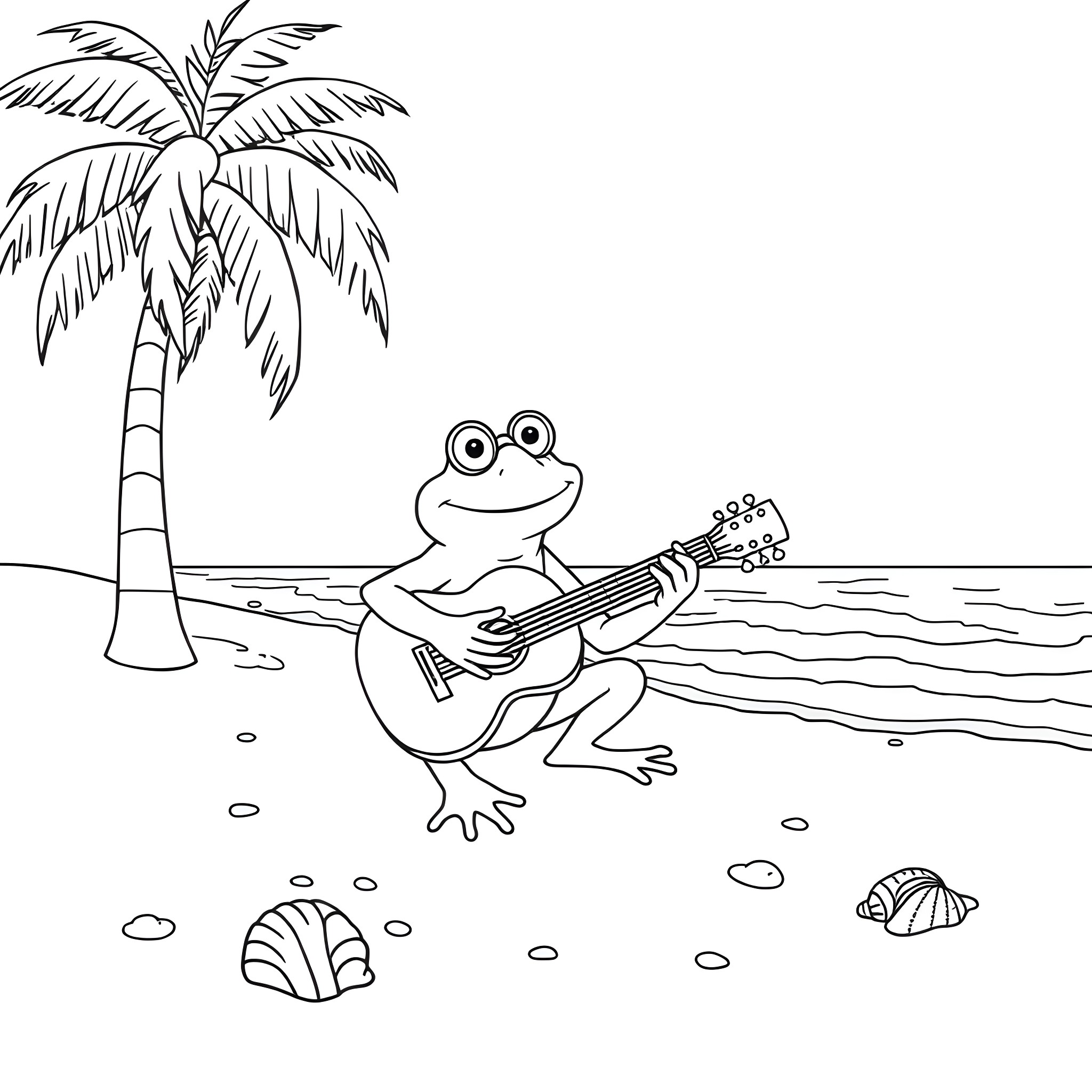 Frog playing guitar on the beach Coloring Page (free black-and-white line drawing printable PDF for all, from beginners to advanced learners, including children, teens, adults, and seniors)