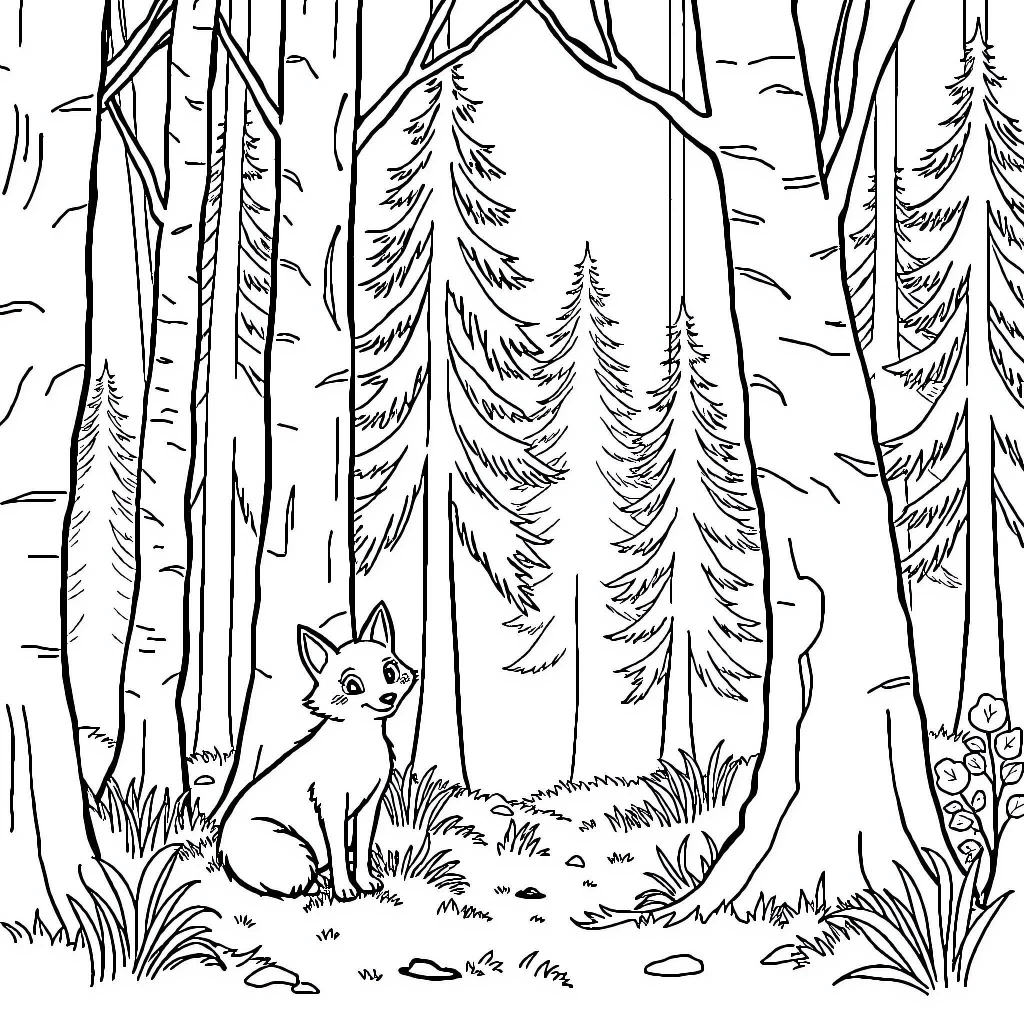 Fox peeking curiously in forest Coloring Page (free black-and-white line drawing printable PDF for all, from beginners to advanced learners, including children, teens, adults, and seniors)