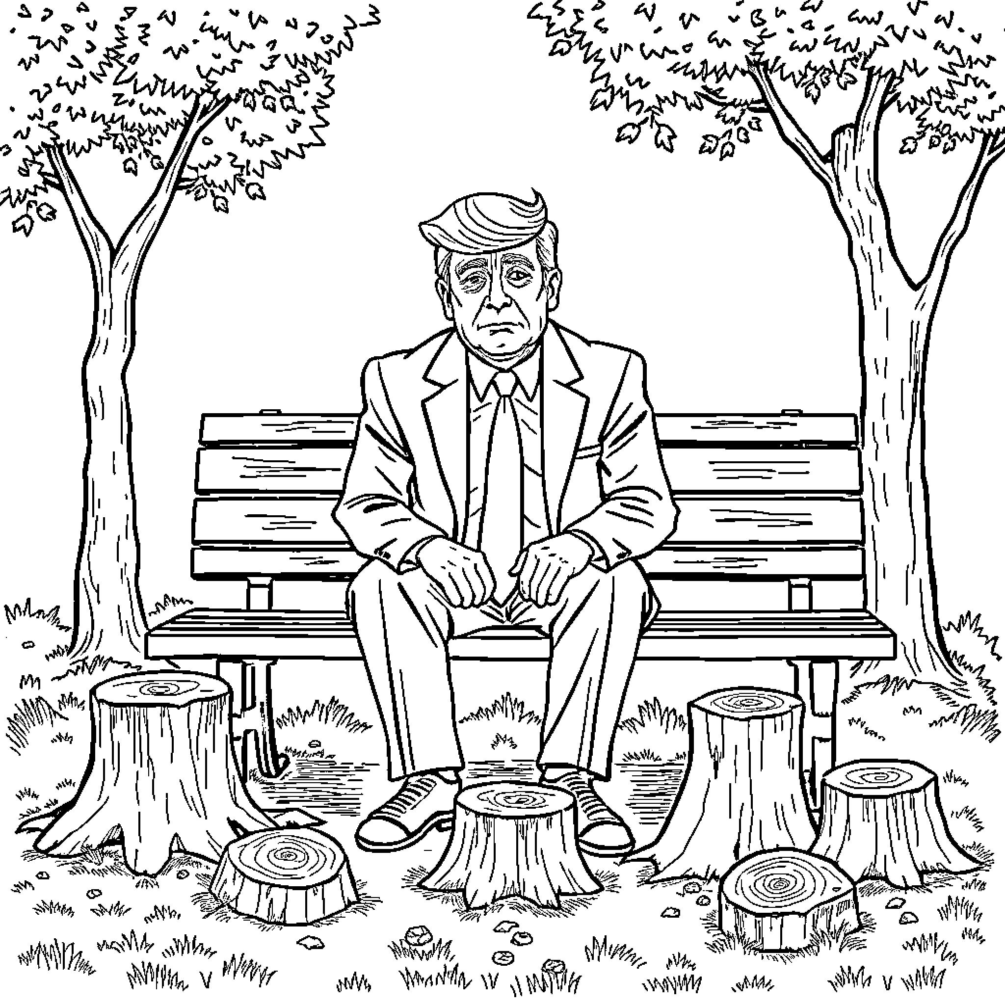 Republican man contemplating in a wooded park Coloring Page (free black-and-white line drawing printable PDF for all, from beginners to advanced learners, including children, teens, adults, and seniors)
