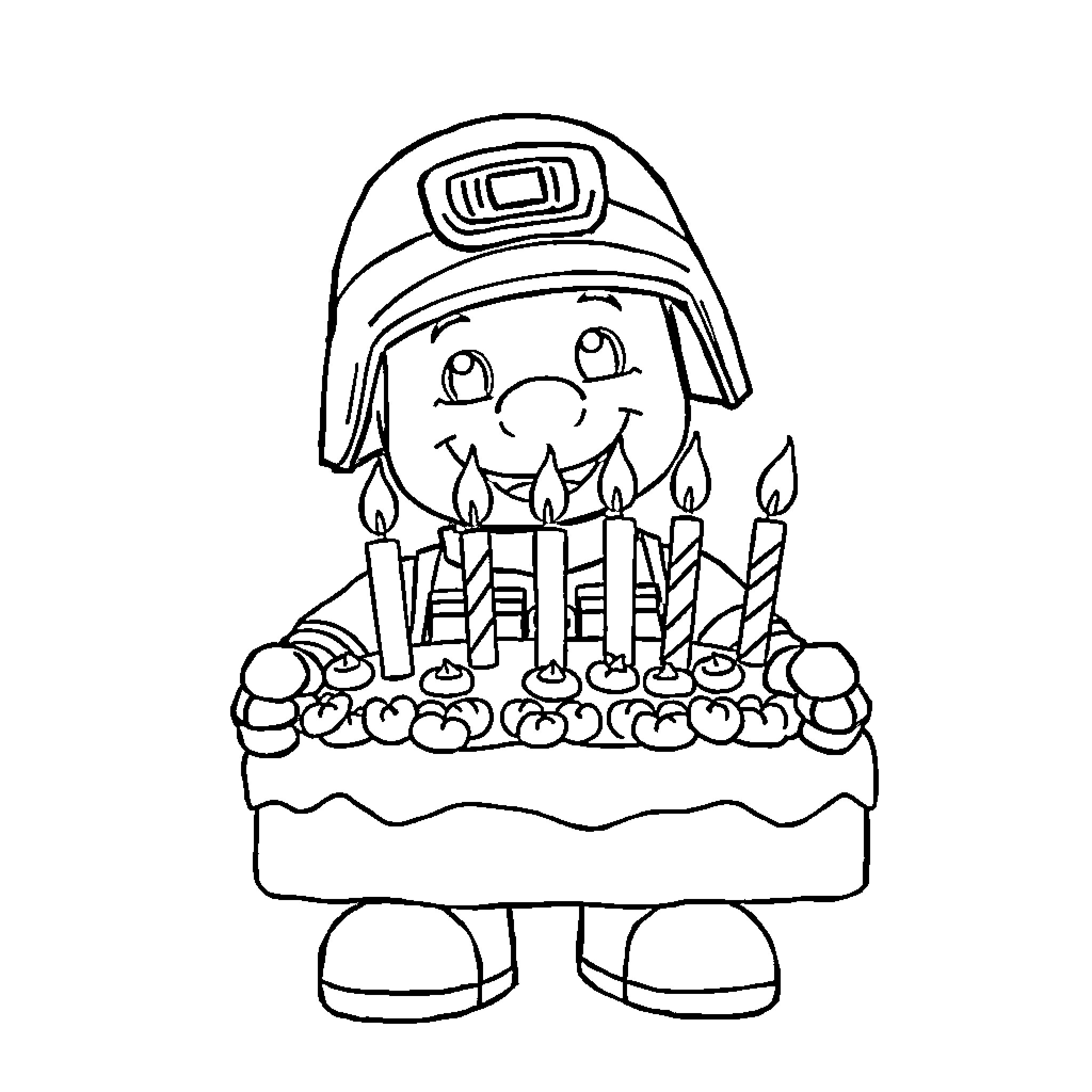 Soldier celebrating birthday with cake and candles Coloring Page (free black-and-white line drawing printable PDF for all, from beginners to advanced learners, including children, teens, adults, and seniors)