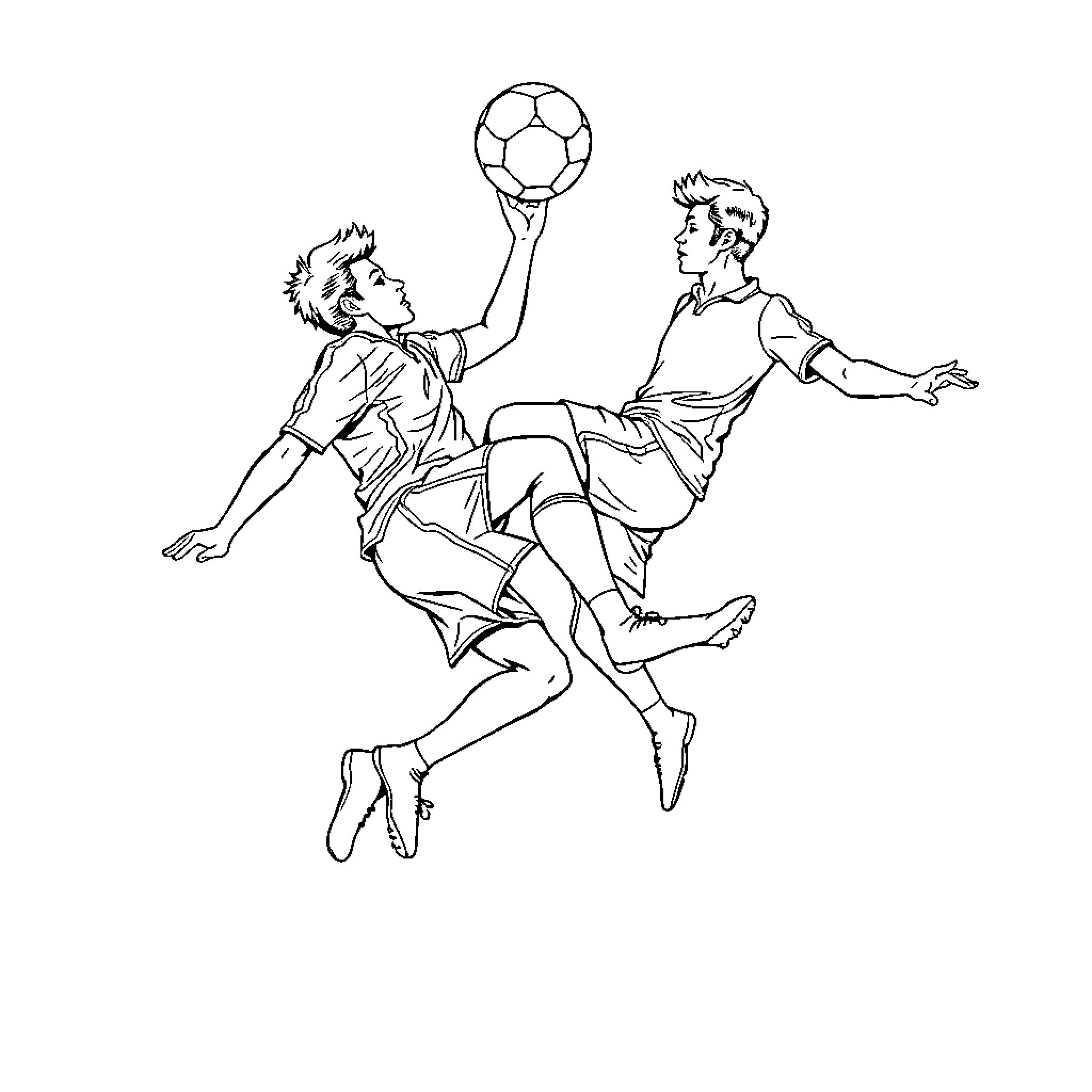Futbol players in mid-air collision during match Coloring Page (free black-and-white line drawing printable PDF for all, from beginners to advanced learners, including children, teens, adults, and seniors)