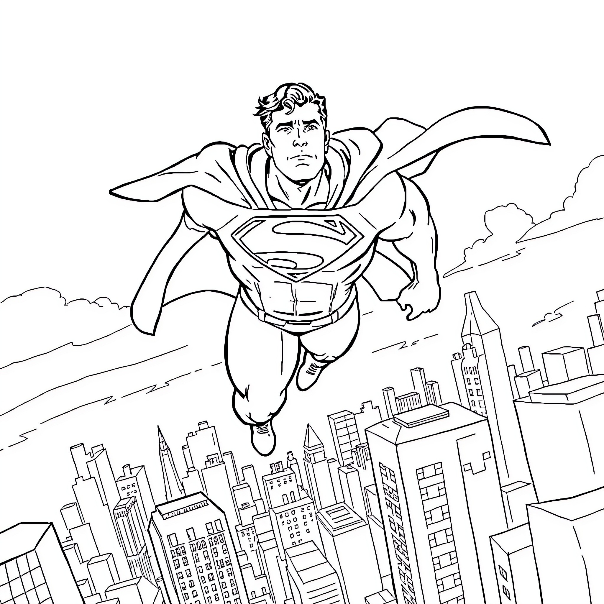 Superman soaring over the city skyline Coloring Page (free black-and-white line drawing printable PDF for all, from beginners to advanced learners, including children, teens, adults, and seniors)