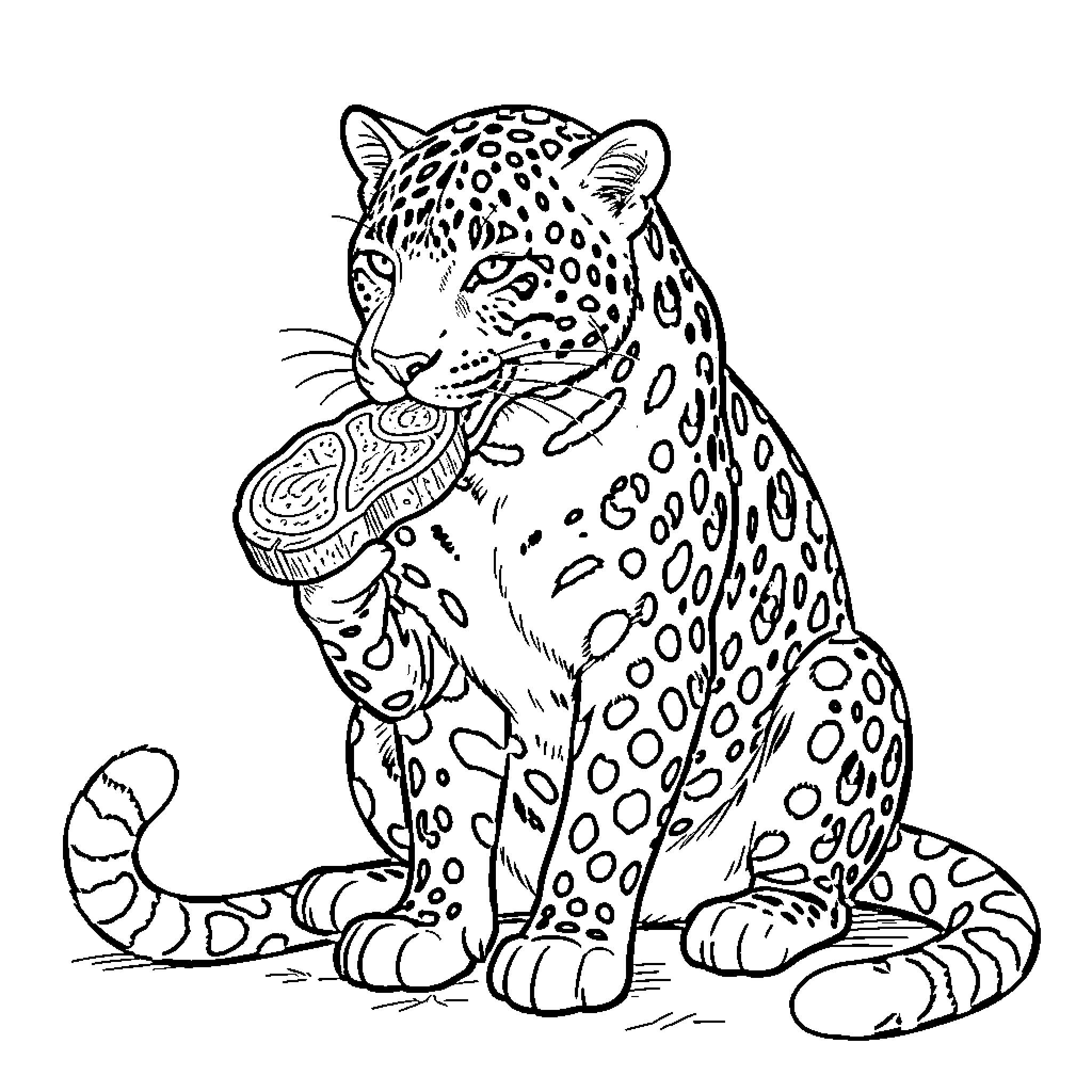Leopard eating a large slice of meat Coloring Page (free black-and-white line drawing printable PDF for all, from beginners to advanced learners, including children, teens, adults, and seniors)