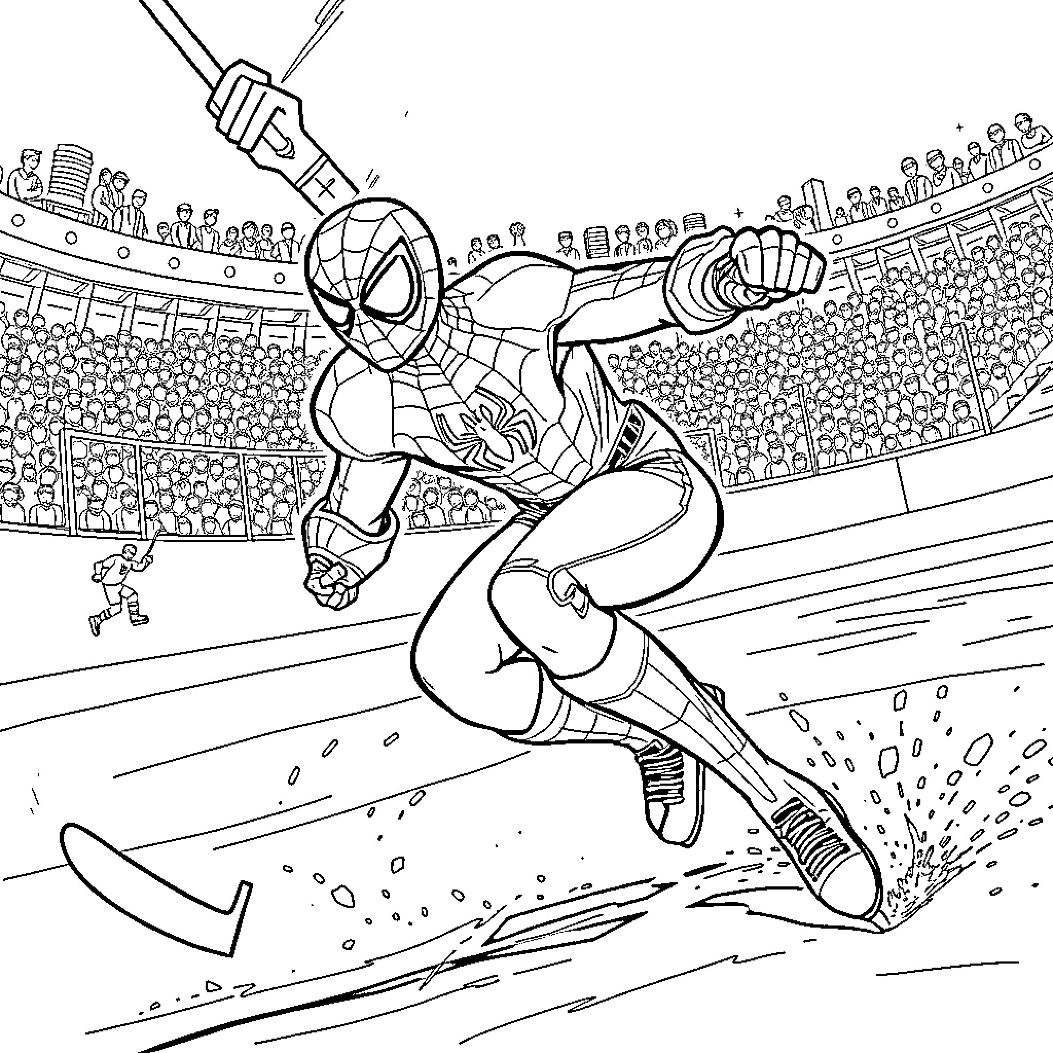 Spider-Man swinging into action at the stadium Coloring Page (free black-and-white line drawing printable PDF for all, from beginners to advanced learners, including children, teens, adults, and seniors)