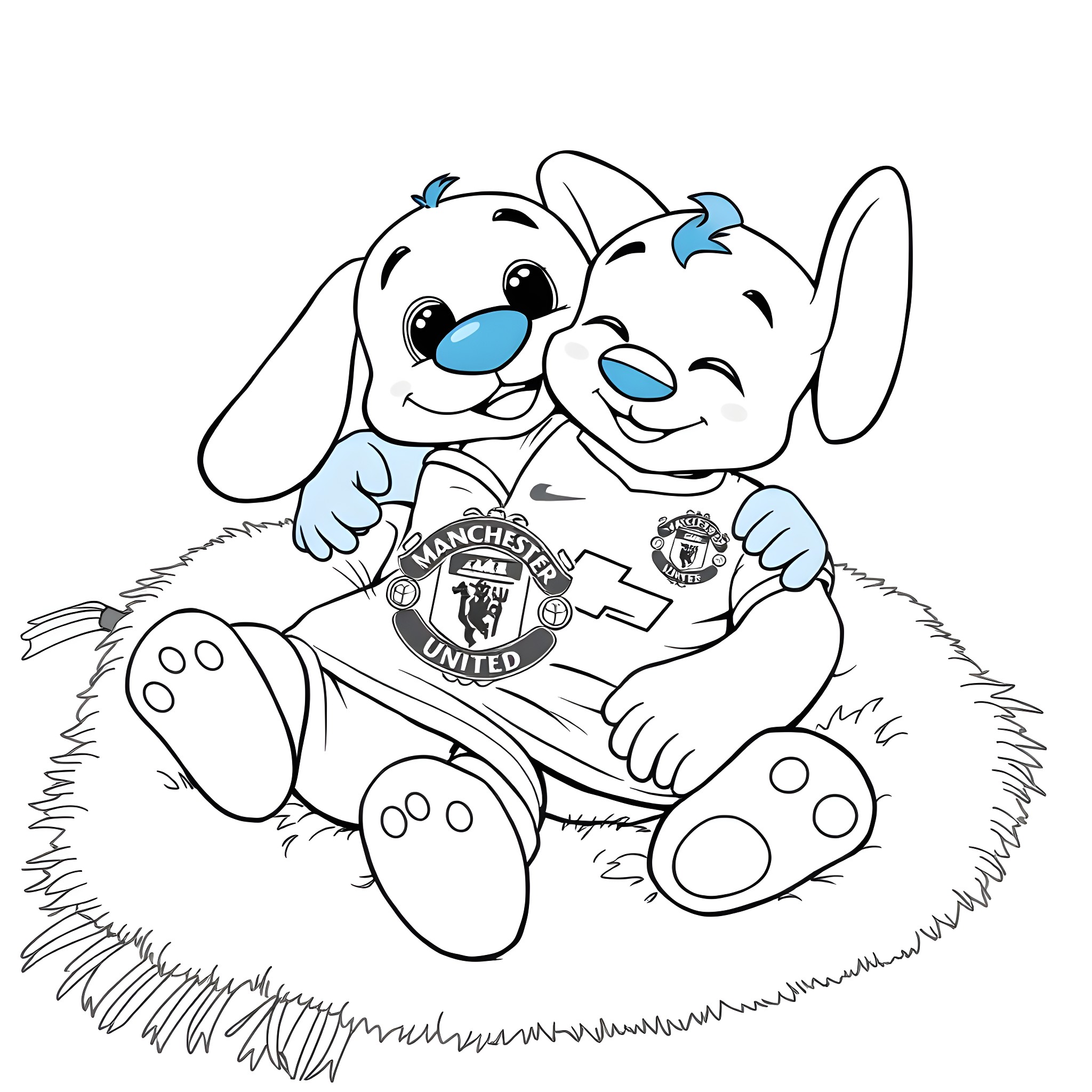Bluey and friends enjoying Manchester United soccer game Coloring Page (free black-and-white line drawing printable PDF for all, from beginners to advanced learners, including children, teens, adults, and seniors)