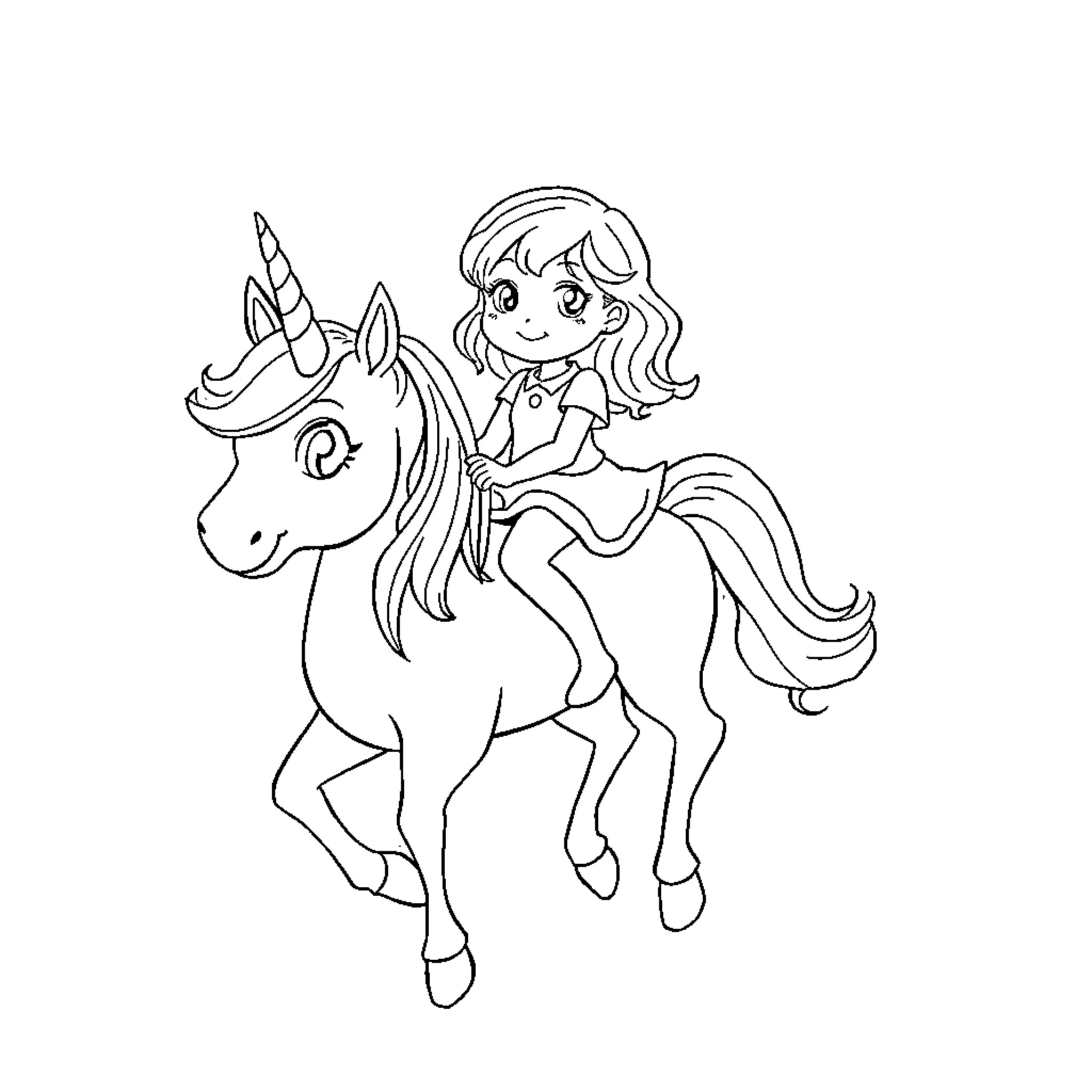 Unicorn and girl in joyful ride Coloring Page (free black-and-white line drawing printable PDF for all, from beginners to advanced learners, including children, teens, adults, and seniors)