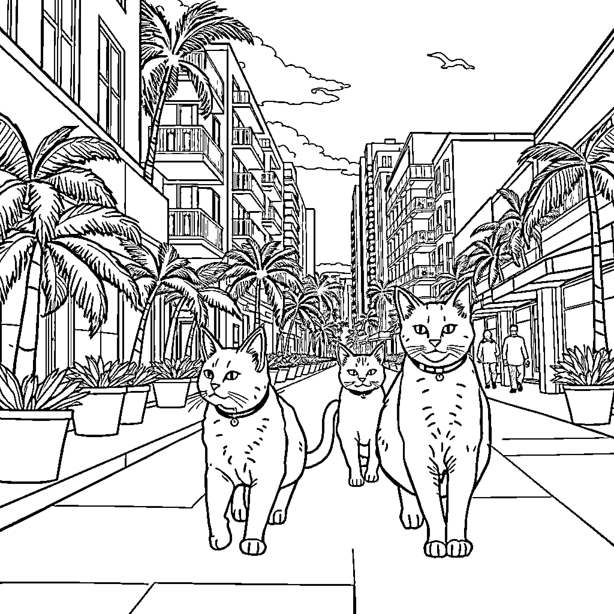 Cats exploring the city streets with palm trees Coloring Page (free black-and-white line drawing printable PDF for all, from beginners to advanced learners, including children, teens, adults, and seniors)